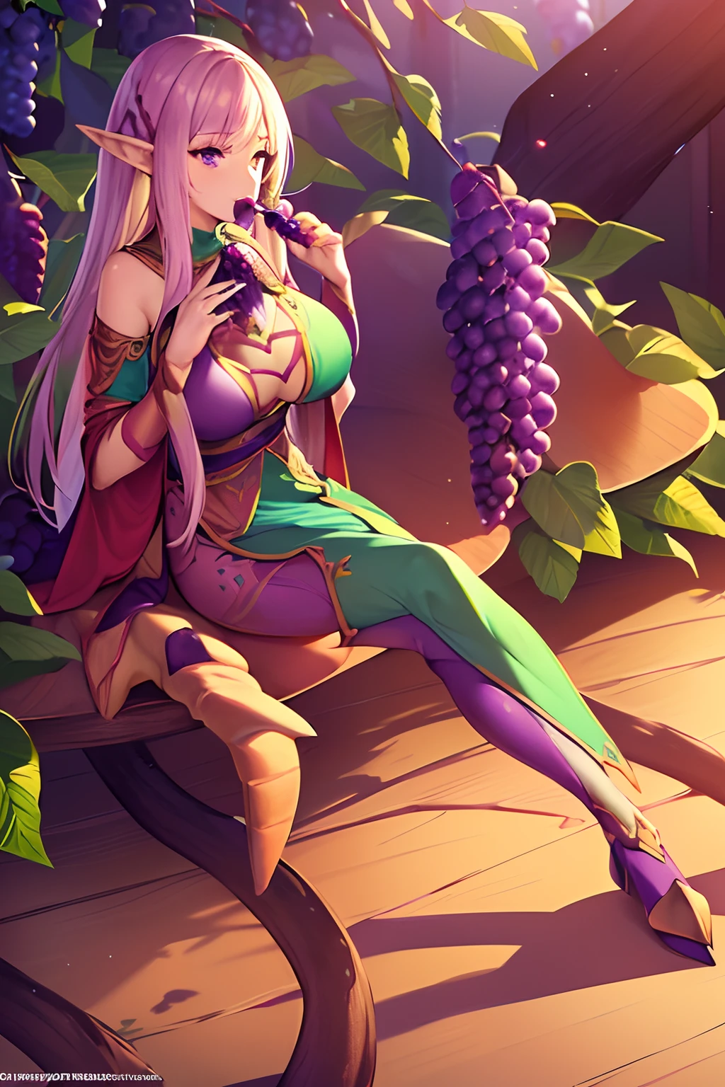 Photo, Photorealism, Photorealistic, full_body shot, female elf, (Wearing colorful clothes that hide body:1.5), (Eating grape with its hands:1.5), gigantic saggy breasts, Daylight lighting,