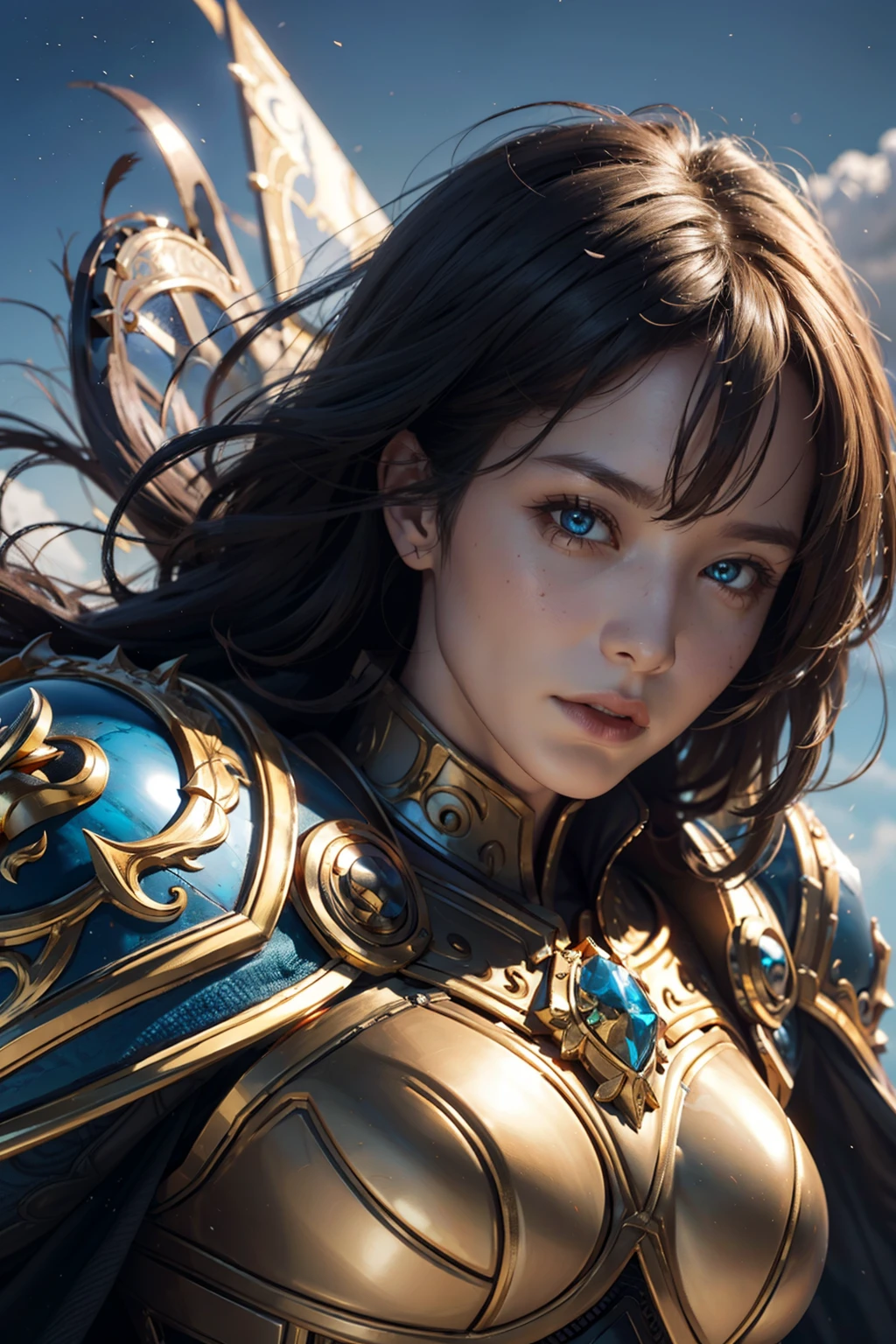 8K,ultra-detailliert, masutepiece, Best Quality, (Extremely detailed), Dynamic Angle, mysterious expression, Wind-effect, Fantasy background, Rim lighting, ciinematic light, 超A high resolution, 8K UHD, Film grain,better shadows, tender, raw, light Particle, Detailed skin texture, detailed armor texture, Detailed face, Intricate details, ultra-detailliert, Bright, Strong, golden armour, (Holding hammer), Slashing, Smashing Actions, pauldrons, glowing yellow eyes, Long cape, Fantasy, (Realistic), Shoulder Armor, with an intricate, Convoluted, Perfect litthing, Look at viewers, Cinematic lighting, Flying in the sky,Flying, Holy Light, with a vibrant, Bangs, Windy, Paladin