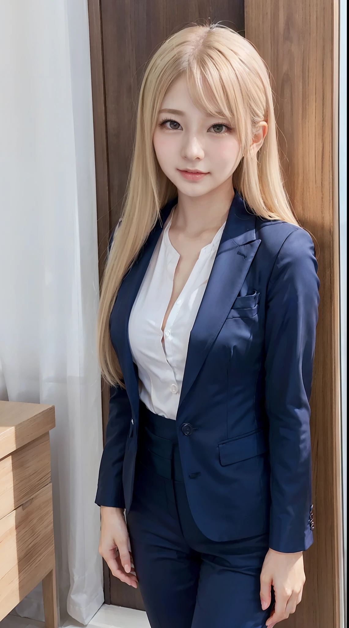 Sexy and very beautiful cute face、shiny beautiful skin、White beautiful skin、Beautiful pale light blue eyes, Beautiful very long blonde hair、(Blonde hair:1.3)、Sexy swaying bangs、18 years old cute little face beautiful girl、Inner shirt,Business suits、neat suit、(Business suits:1.2)、(dynamicposes:1.4)、