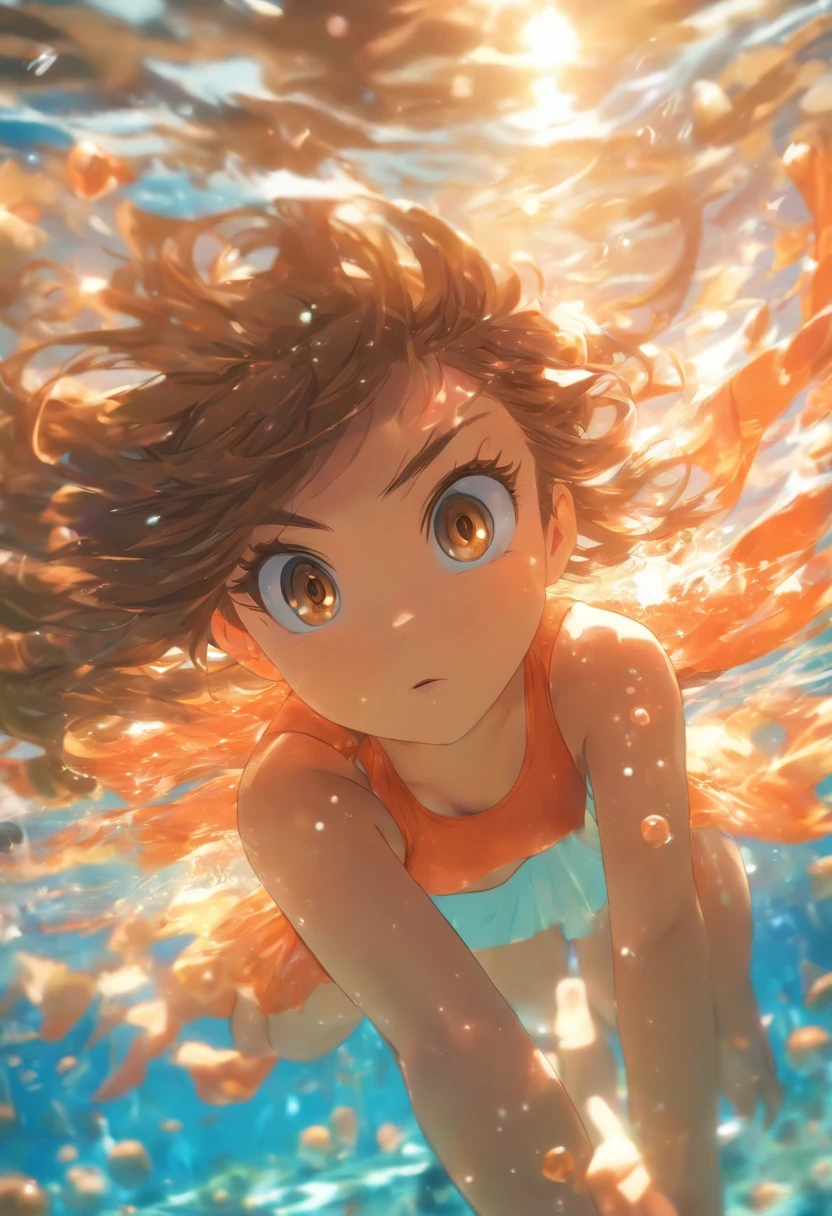 foreshortening,  depth of field, masterpiece, best quality, 1girl, brown hair, brown eyes,  long hair, underwater, air bubble, solo, looking at viewer, naked, swimming,  dappled sunlight, highly detailed, uncensored