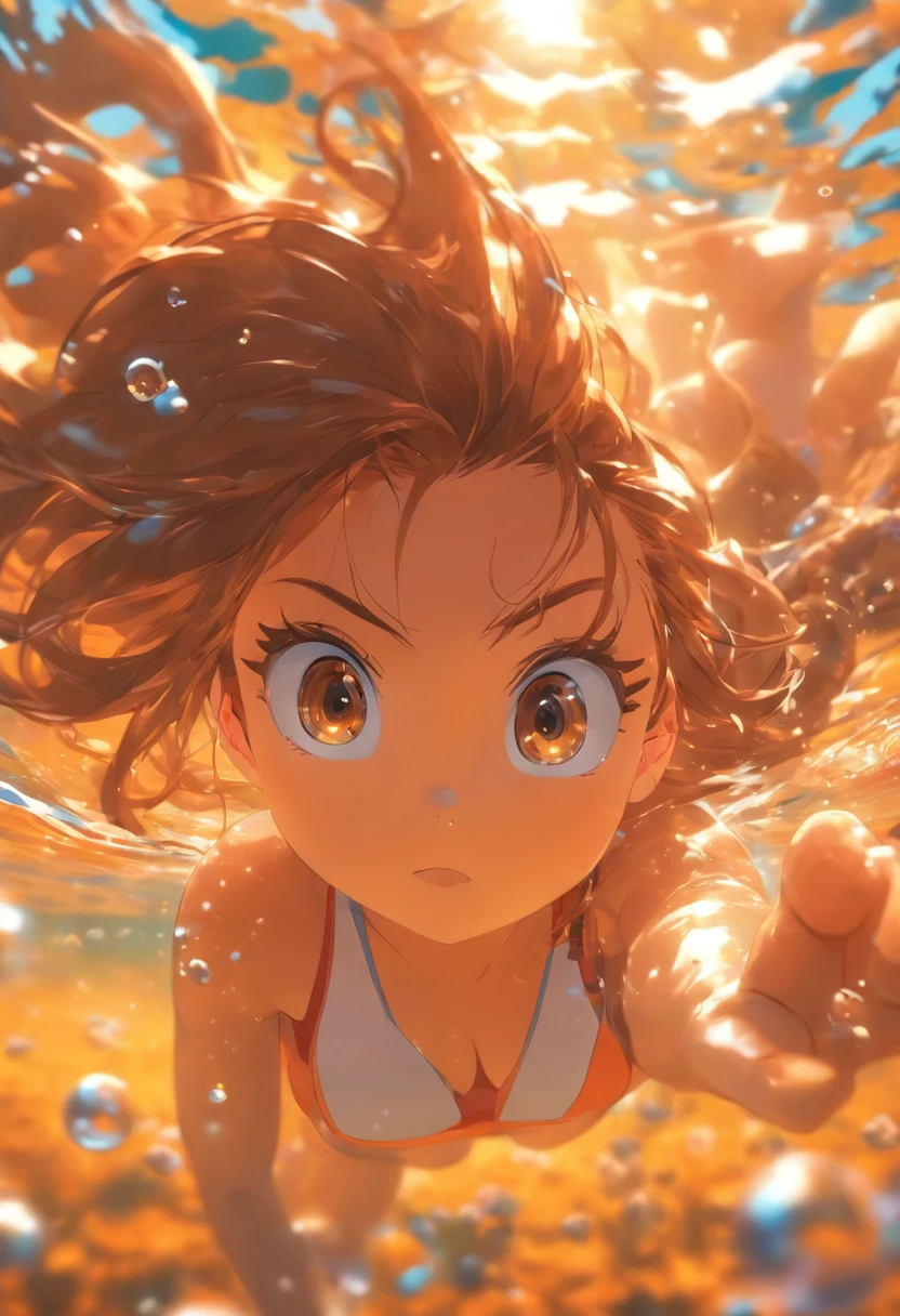 foreshortening,  depth of field, masterpiece, best quality, 1girl, brown hair, brown eyes,  long hair, underwater, air bubble, solo, looking at viewer, school swimsuit, swimming,  dappled sunlight,  pussy