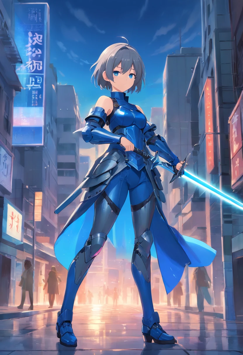 A girl with short gray hair wearing full-body armor、With blue-colored eyes with blue-colored eyes、He holds a long sword with sleepy eyes and an emotionless expression、Full body like、tights、high-heels