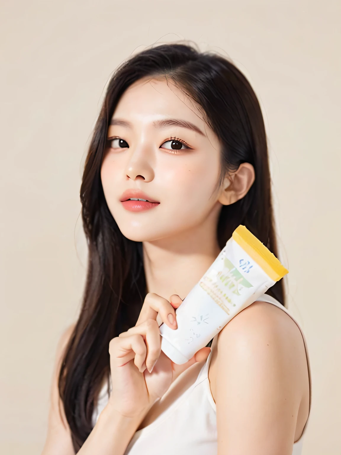 Korean woman holding a tube of sunscreen in her hand, photoshoot for skincare brand, Clean face and body skin, with lemon skin texture, it has lemon skin texture, Milky white skin, xintong chen, wan adorable korean face, Popular Korean makeup, Official product image,8K