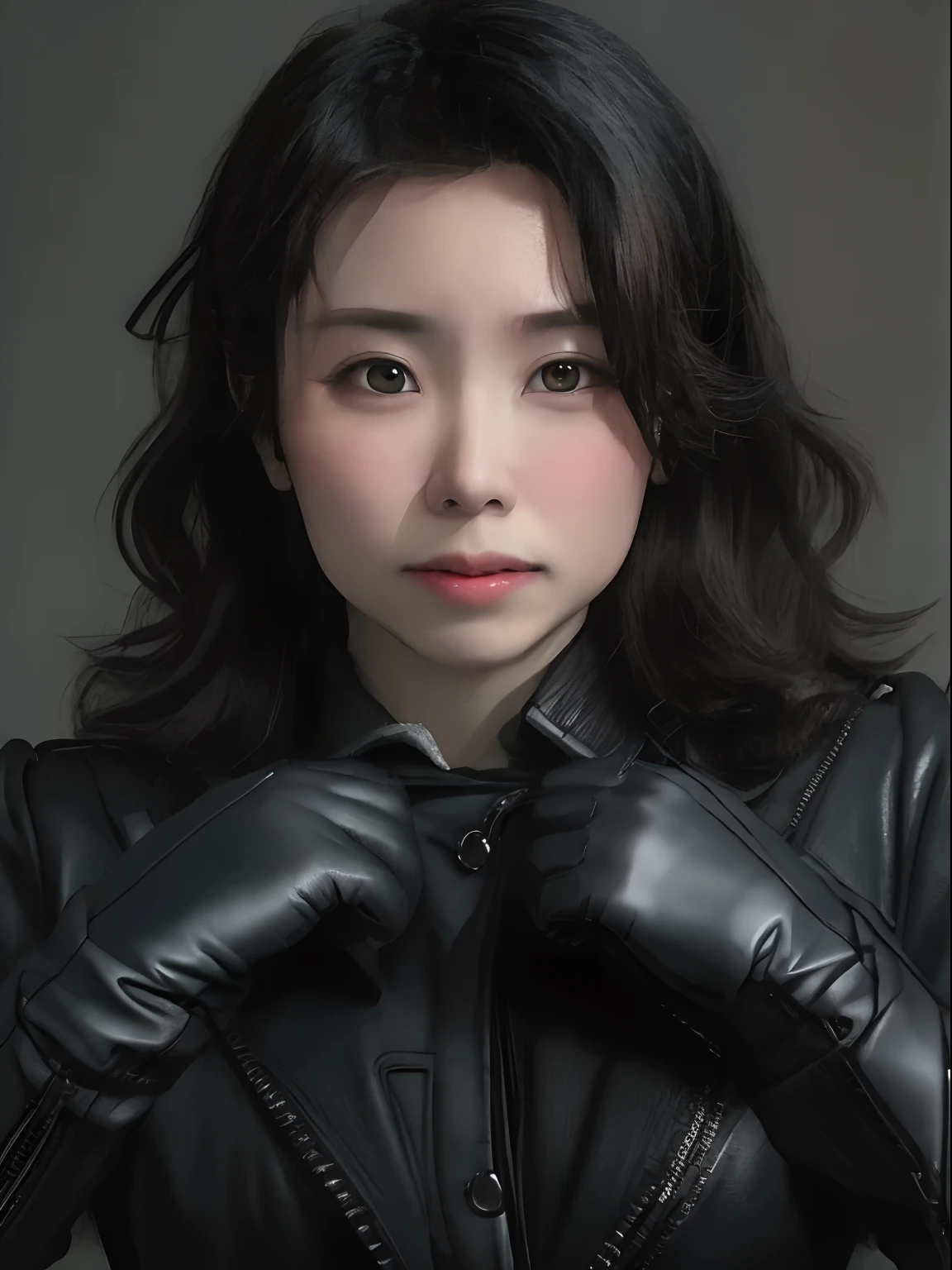 Young Japan woman lifting black suit up to shirt, Black leather gloves worn on both hands, Hands of a woman in a black suit and black leather gloves in front of her
