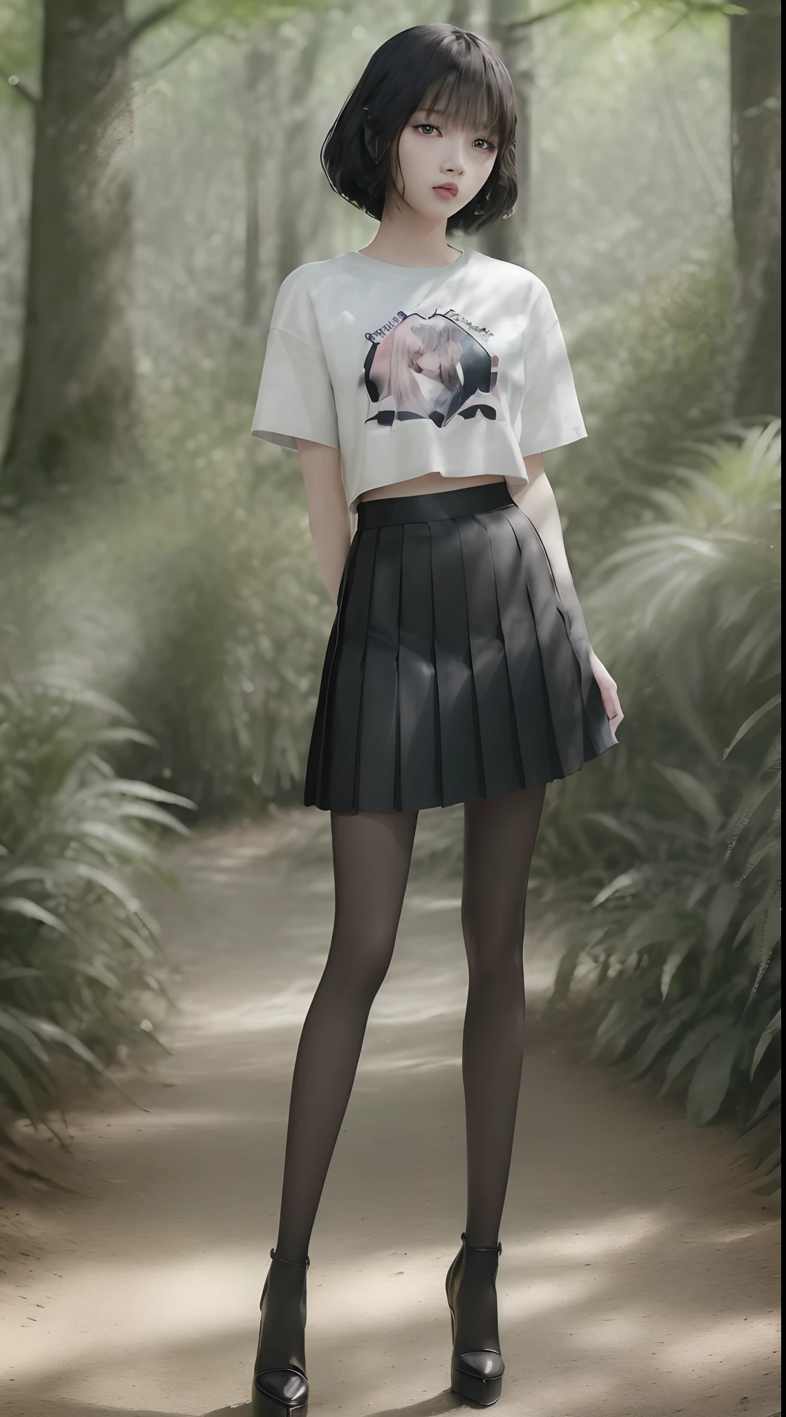((Lisa from Blackpink)), t-shirt, tiny pleated skirt, waist-high black tights, high heels, close-up of face, full body shot, very fair skin, short hair, wavy hair, camp, forest, photorealistic , indirect lighting, volumetric light, ray tracing, hyper-detailed, best quality, high resolution, HDR, 8k