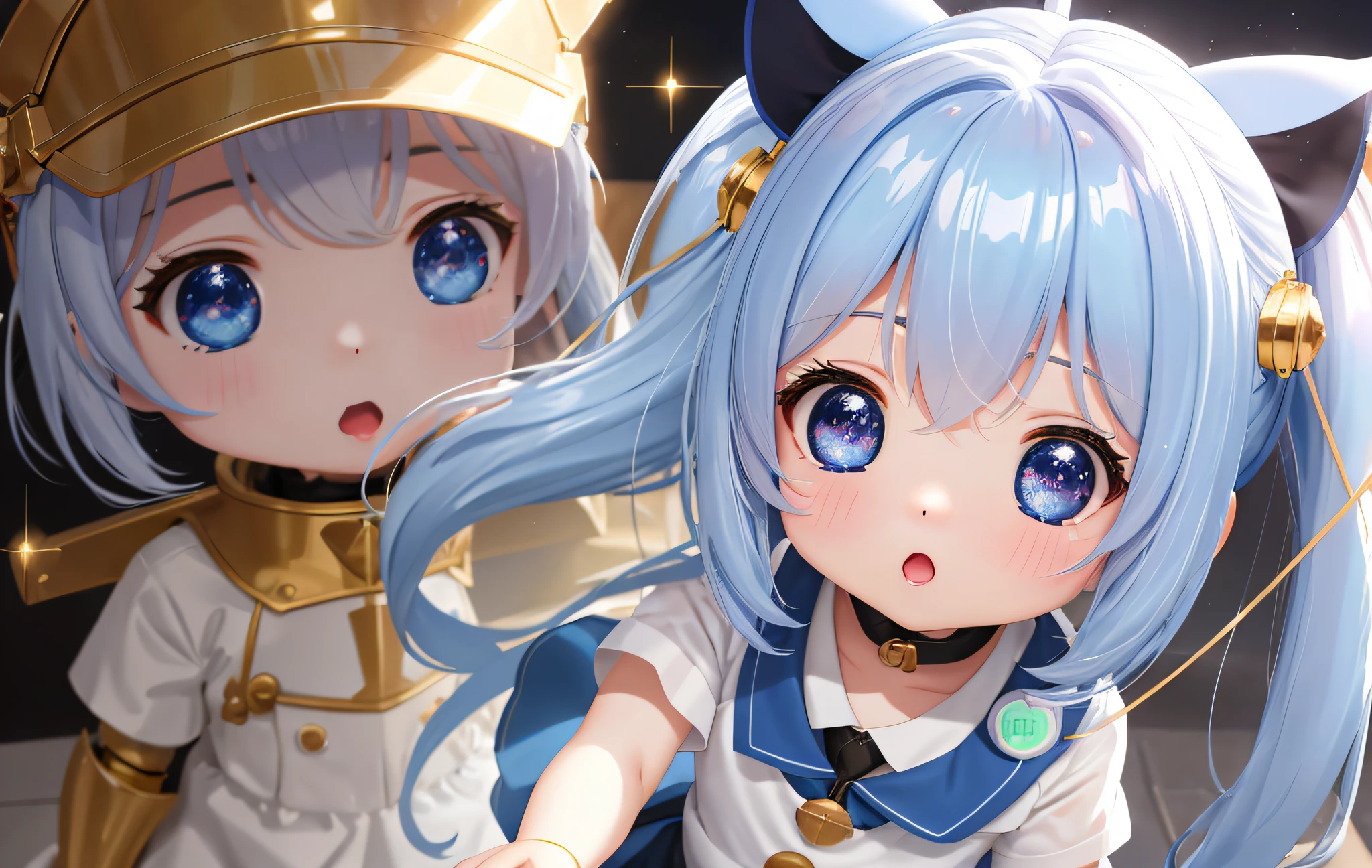 Pop Mart Blind Box IP、Close up of four cute knight dolls、Young One Angel Style、Wear longer, Dress fluently、Lop style、Poseline doll、Little people々々々々々々々。Little people々々々々々々々、unreal enginee 5、Light 3D/C4D production: 8K HD quality/illuminating/Ultra-fine lens description 1.5、flawless、Chibi Background/Cinematic。