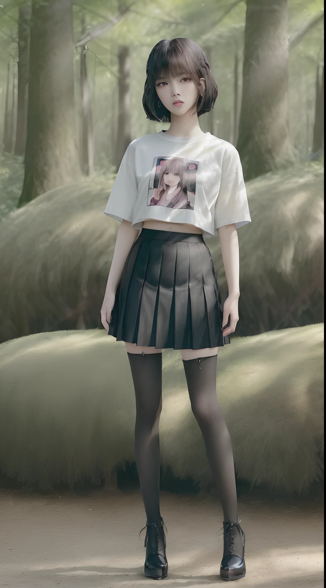 ((Lisa from Blackpink)), t-shirt, tiny pleated skirt, waist-high black tights, high heels, close-up of face, full body shot, very fair skin, short hair, wavy hair, camp, forest, photorealistic , indirect lighting, volumetric light, ray tracing, hyper-detailed, best quality, high resolution, HDR, 8k