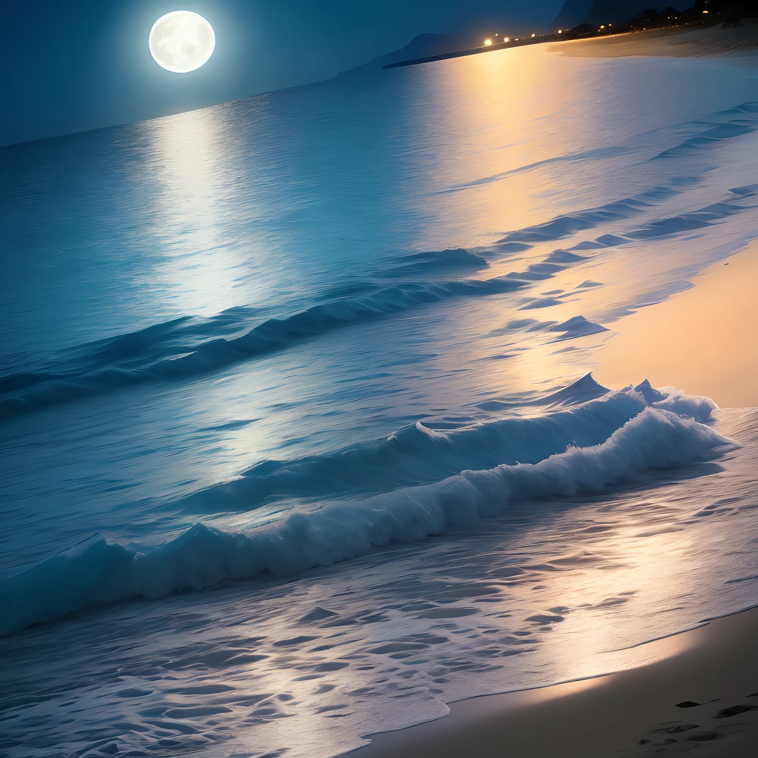 A closeup of a beach with a full moon in the sky, lindo luar, luar azul suave, bela noite de luar, luar azul, Oceano ao Luar, luar e sombras deslumbrantes, luar azulado, paisagem arenosa da lua branca, luar noturno, luz bonita da lua, raios de luar azul, noite de luar, perfect crisp moonlight, luz azul da lua, O brilho do luar