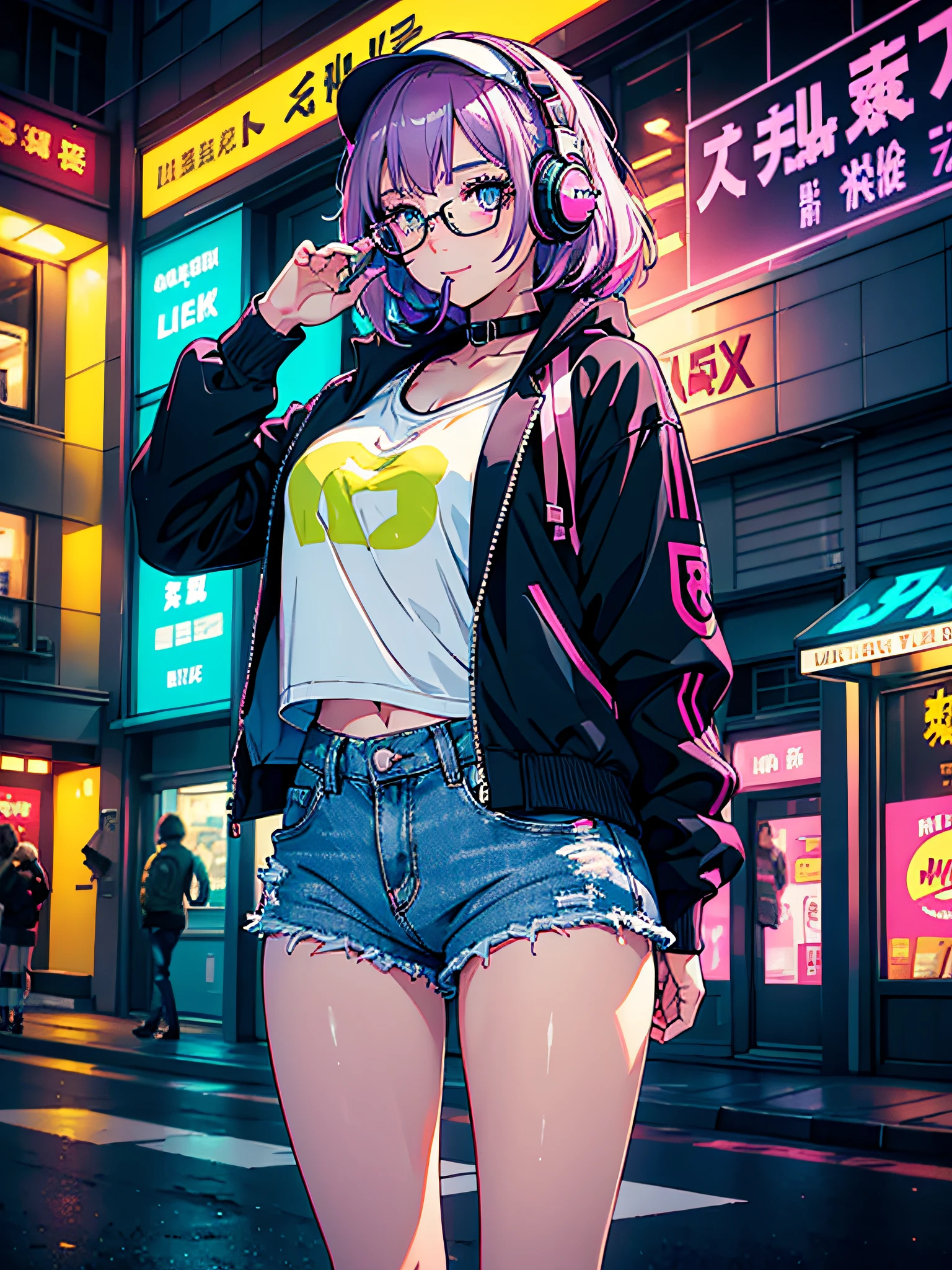 Girl with a beautiful face, bright light eyes, violet eyelashes, smiling, with a lollipop in her mouth, violet hair and pink highlights, modern glasses, music headphones around her neck, open light yellow jacket, short denim shorts, yellow Nike sneakers, cute pose, in downtown shibuya, neon lights, starry sky, (ultra-realistic), {extremely detailed 8k CG unit wallpaper}, expansive landscape photography, (a view from below that prioritizes the character and the scenery behind, wide view wide field), (low angle shot), (high light: 1.7), (low light: 1.0), (warm light source: 1.0), complex details, (iridescent colors: 1.5), (bright lighting), (atmospheric lighting), dreamy, modern, happyness