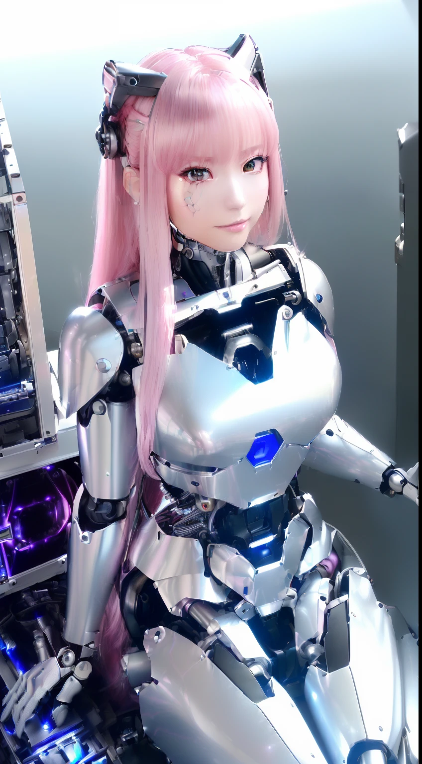 ((masutepiece)), ((top-quality), high quarity、ultra-definition, Realistic,  (Ultra-fine face)、fulcolor 、One beautiful robot police woman、(Mechanical joints:1.1)、Parts of the machine、Thick wire joints、White porcelain mechanical armor、(Curvaceous face)、deadpan、pink straight hair、((Electronic substrate))、Lying in a large metal box, From  above