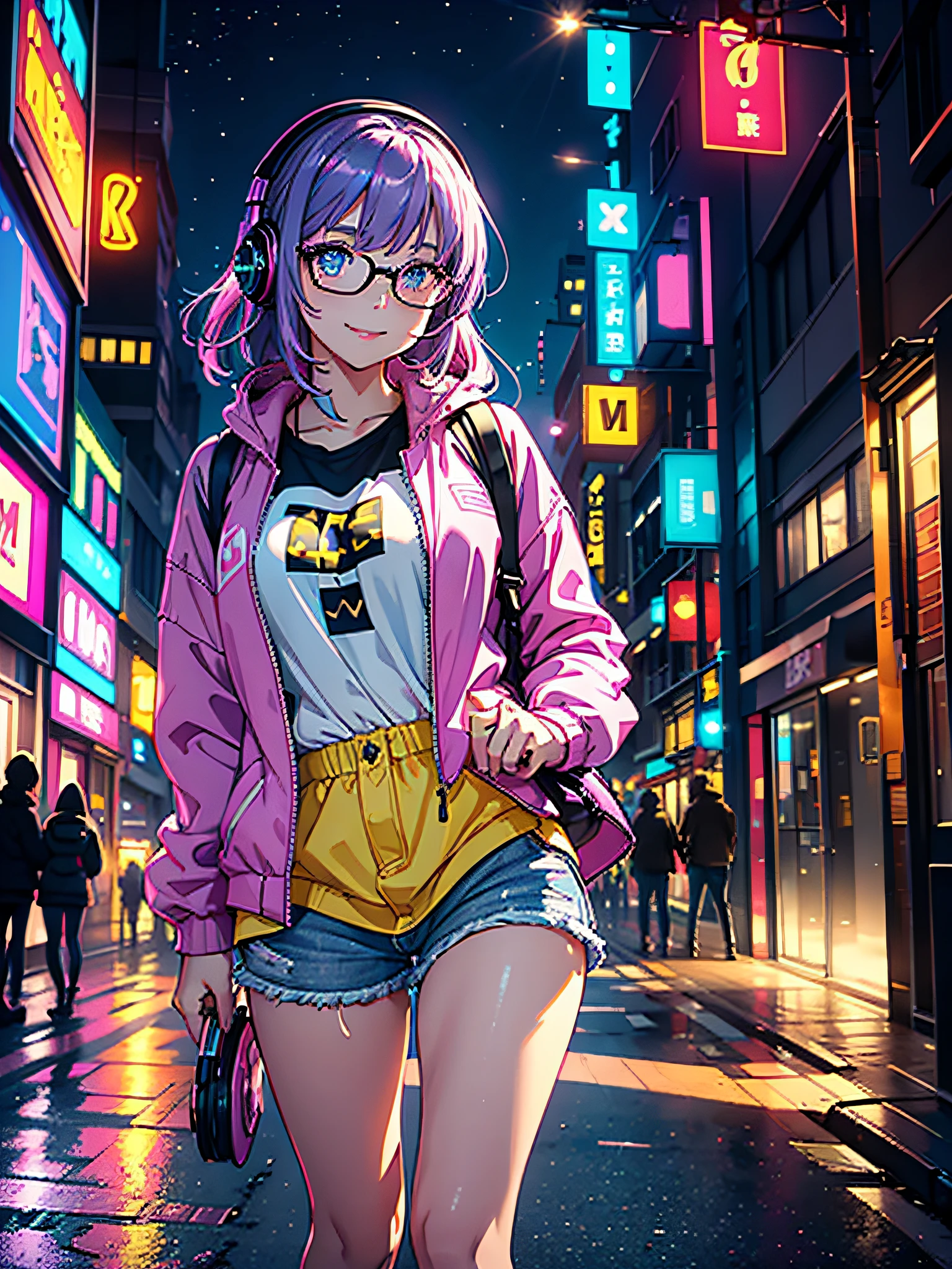 Girl with a beautiful face, bright light eyes, violet eyelashes, smiling, with a lollipop in her mouth, violet hair and pink highlights, modern glasses, music headphones around her neck, open light yellow jacket, short denim shorts, yellow Nike sneakers, cute pose, in downtown shibuya, neon lights, starry sky, (ultra-realistic), {extremely detailed 8k CG unit wallpaper}, expansive landscape photography, (a view from below that prioritizes the character and the scenery behind, wide view wide field), (low angle shot), (high light: 1.7), (low light: 1.0), (warm light source: 1.0), complex details, (iridescent colors: 1.5), (bright lighting), (atmospheric lighting), dreamy, modern, happyness