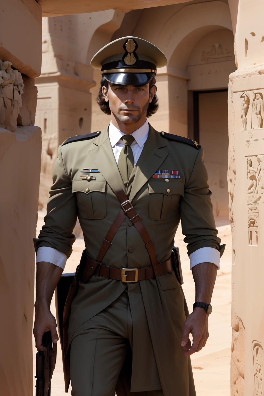 ((SFW))Arte estilo john Buscema,Um close up de Rick O"Connell, Legionnaire of the Foreign Legion, wearing the military uniform of the French Foreign Legion, Coming out of the tomb of an Egyptian mummy,segurando uma pistola, no deserto escaldante da Egito dos anos 20,corpo inteiro,, cena detalhada, cena perfeita, pingos de suor.((SFW))