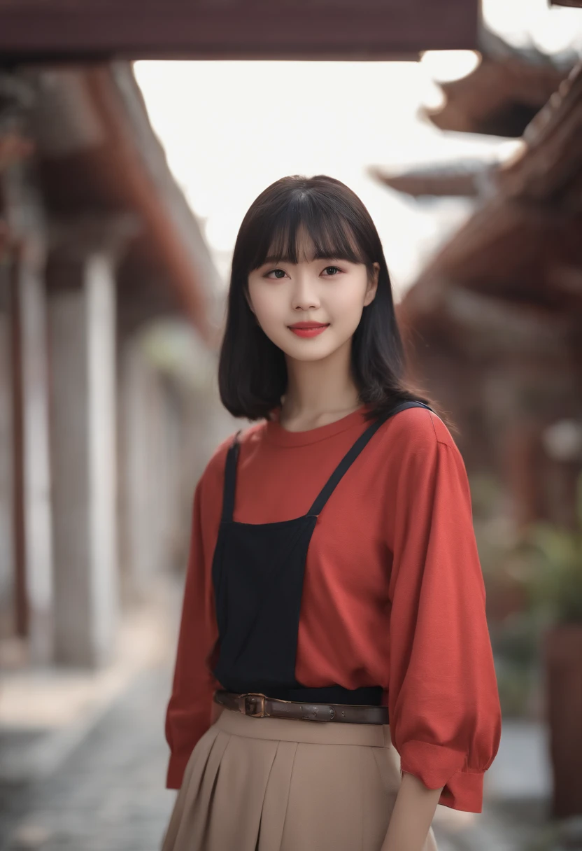 top-quality, Photorealsitic, ​masterpiece, 8K, Hi-Res, 独奏, 1girl, (((infp young woman))),sixteen years old、full bodyesbian、(small tits), ((Look at viewers)), (look at a camera), ((Various hairstyles close to long)）、Perfect straight black hair、With bangs、 (profetional lighting), Highly detailed bright face、Gentle Japan girl、Nice smiling face、Red T-shirt（long-sleeve）、Checked pleated skirt、Standing in front of a white wall