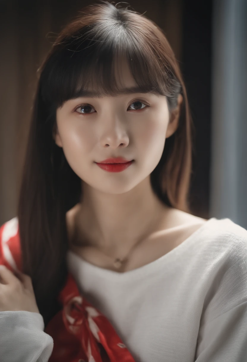 top-quality, Photorealsitic, masterpiece, 8K, Hi-Res, 独奏, 1girl, (((infp young woman))),sixteen years old、full bodyesbian、(small tits), ((Look at viewers)), (look at a camera), ((Various hairstyles close to long))、Perfect straight black hair、With bangs、 (profetional lighting), Highly detailed bright face、Gentle Japan girl、Nice smiling face、Red T-shirt(long-sleeve)、Checked pleated skirt、Standing in front of a white wall