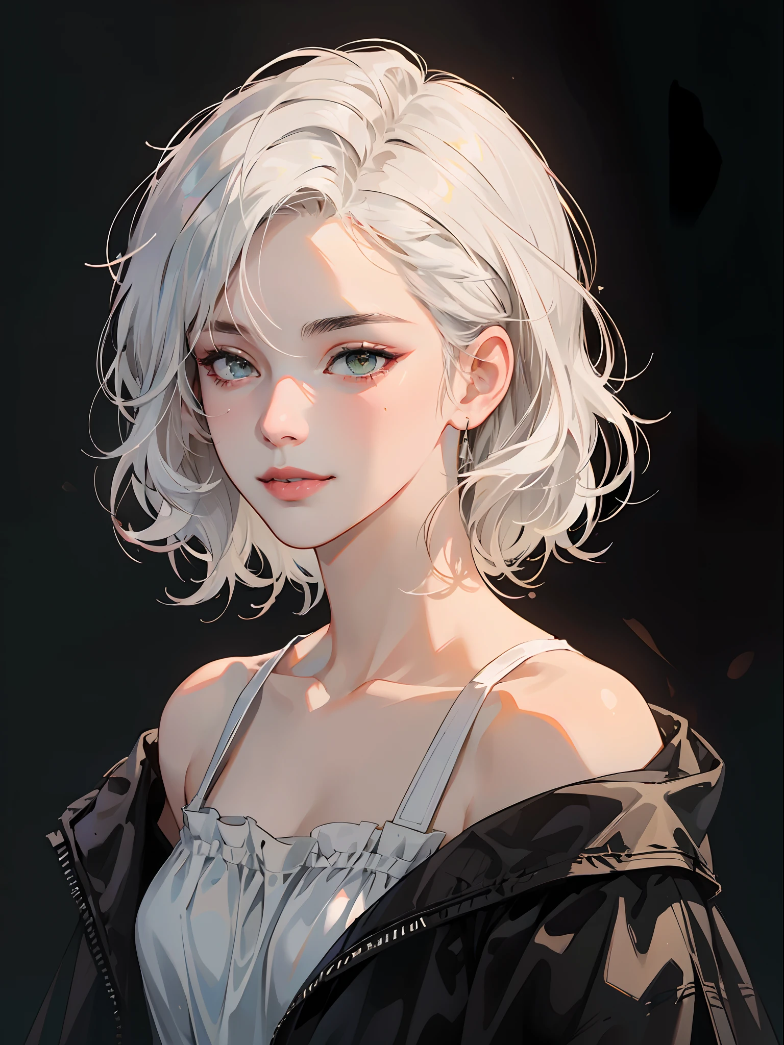 Best quality, masterpiece, ultra high res, (photorealistic:1.5), raw photo, 1girl, offshoulder, in the dark, deep shadow, low key, cold light, sexy look, white hair, short wavy hair, light smile