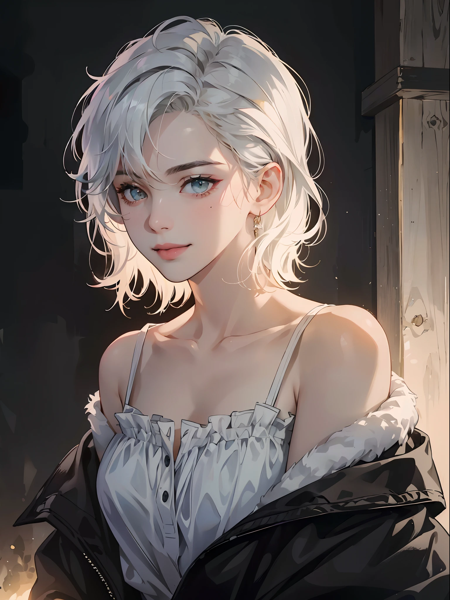 Best quality, masterpiece, ultra high res, (photorealistic:1.5), raw photo, 1girl, offshoulder, in the dark, deep shadow, low key, cold light, sexy look, white hair, short wavy hair, light smile