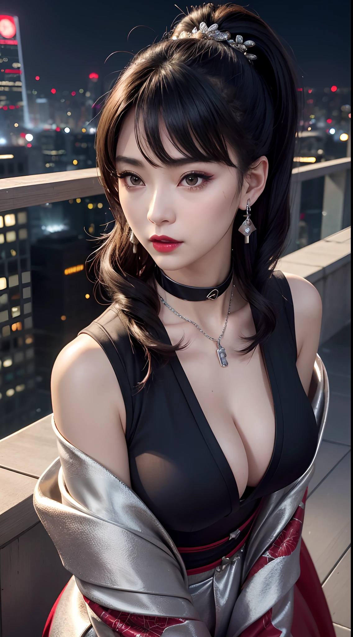 (hyper realstic)、Modern kunoichi、(Female Ninja of the 21st Century)、Beautie high-level image quality hight resolution Realistic Shorthair、Woman with dark hair、A MILF、Middle-aged woman、Big big、Detailed red-black 、detailed skin textures、超A high resolution、Realistic、Voluptuous body shape、angry looking face、Middle-aged beauty、Beautiful expression、With detailed red-black areola 、detailed brown eyes、long fluffy hair、Kamimei、Very delicate and detailed skin texture、35 years old、{There is a helipad at night((Being on the roof of a skyscraper))}、Modern kunoichi、Large cleavage、Large open neckline、bright red lips、Wearing a luxurious and luxurious ninja kimono in Gun Metallic、ear ornament、Silver collar and necklace、gorgeous hair decoration、