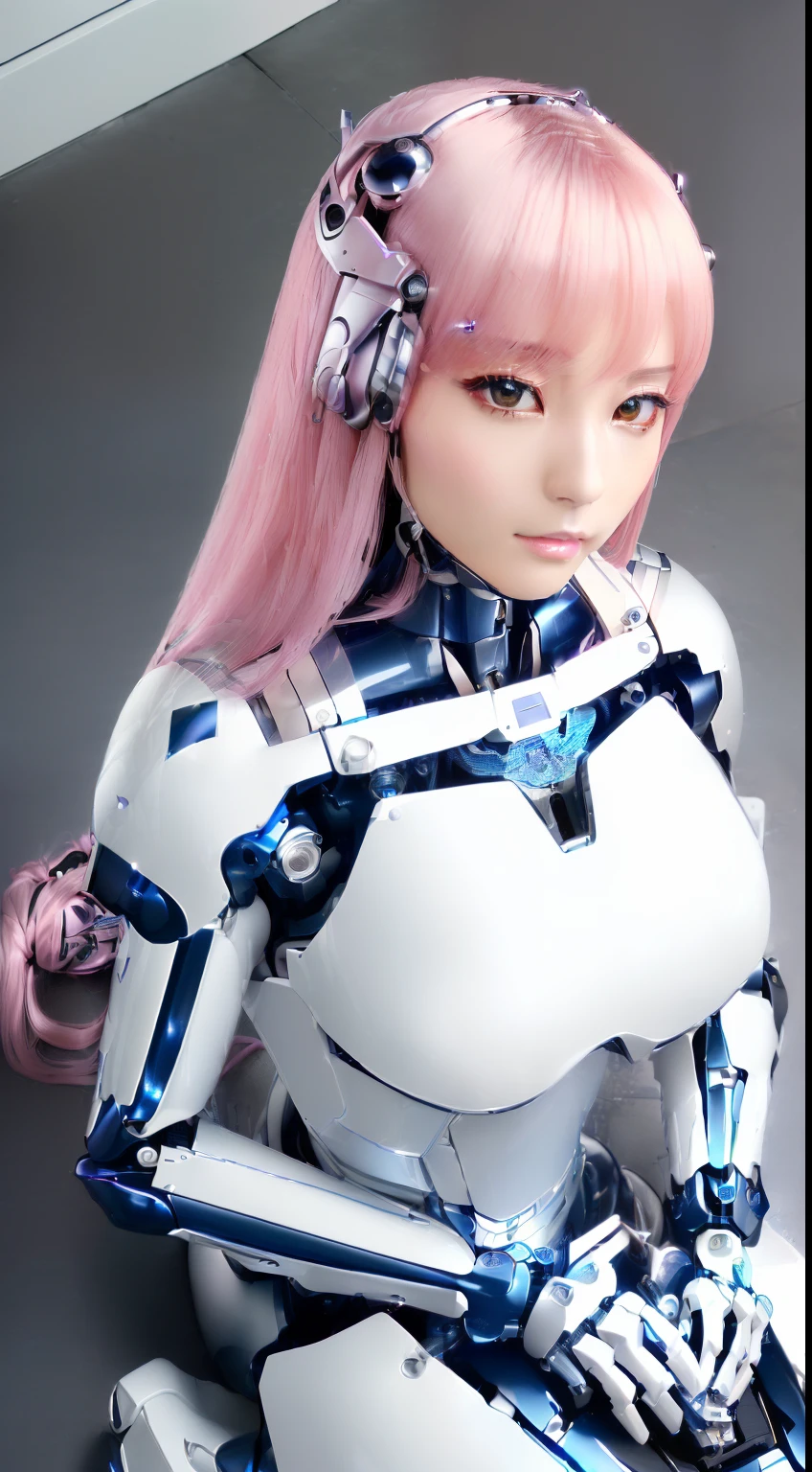 ((masutepiece)), ((top-quality), high quarity、ultra-definition, Realistic, (Ultra-fine face)、fulcolor 、One beautiful robot police woman、(Mechanical joints:1.1)、Parts of the machine、Thick wire joints、White porcelain mechanical armor、(Curvaceous face)、deadpan、pink straight hair、((Electronic substrate))、Lying on the floor, From above