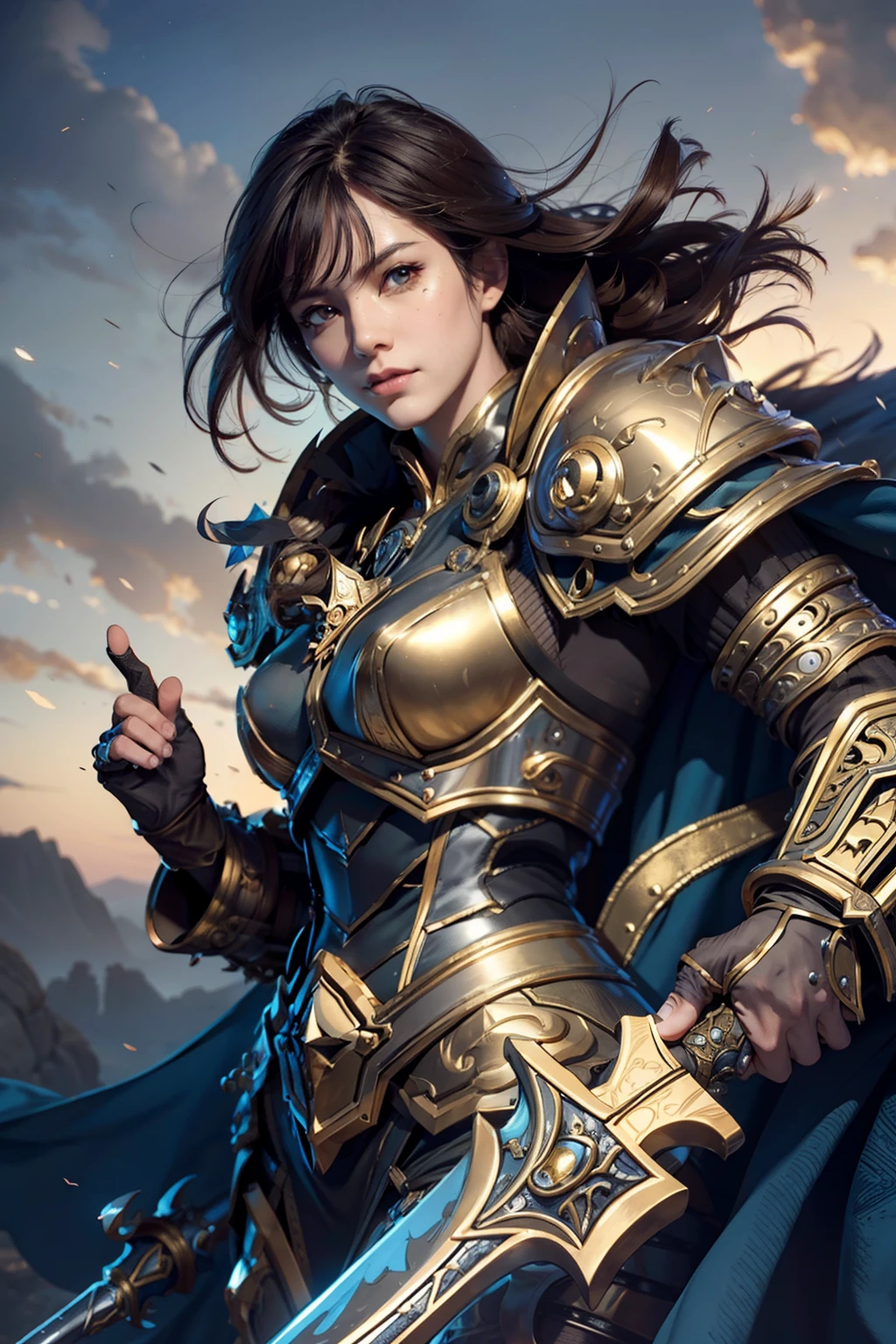 8K,ultra-detailliert, masutepiece, Best Quality, (Extremely detailed), Dynamic Angle, mysterious expression, Wind-effect, Fantasy background, Rim lighting, ciinematic light, 超A high resolution, 8K UHD, Film grain,better shadows, tender, raw, light Particle, Detailed skin texture, detailed armor texture, Detailed face, Intricate details, ultra-detailliert, Bright, Strong, golden armour, (Holding hammer), Slashing, Smashing Actions, pauldrons, glowing yellow eyes, Long cape, Fantasy, (Realistic), Shoulder Armor, with an intricate, Convoluted, Perfect litthing, Look at viewers, Cinematic lighting, Flying in the sky,Flying, Holy Light, with a vibrant, Bangs, Windy, Paladin