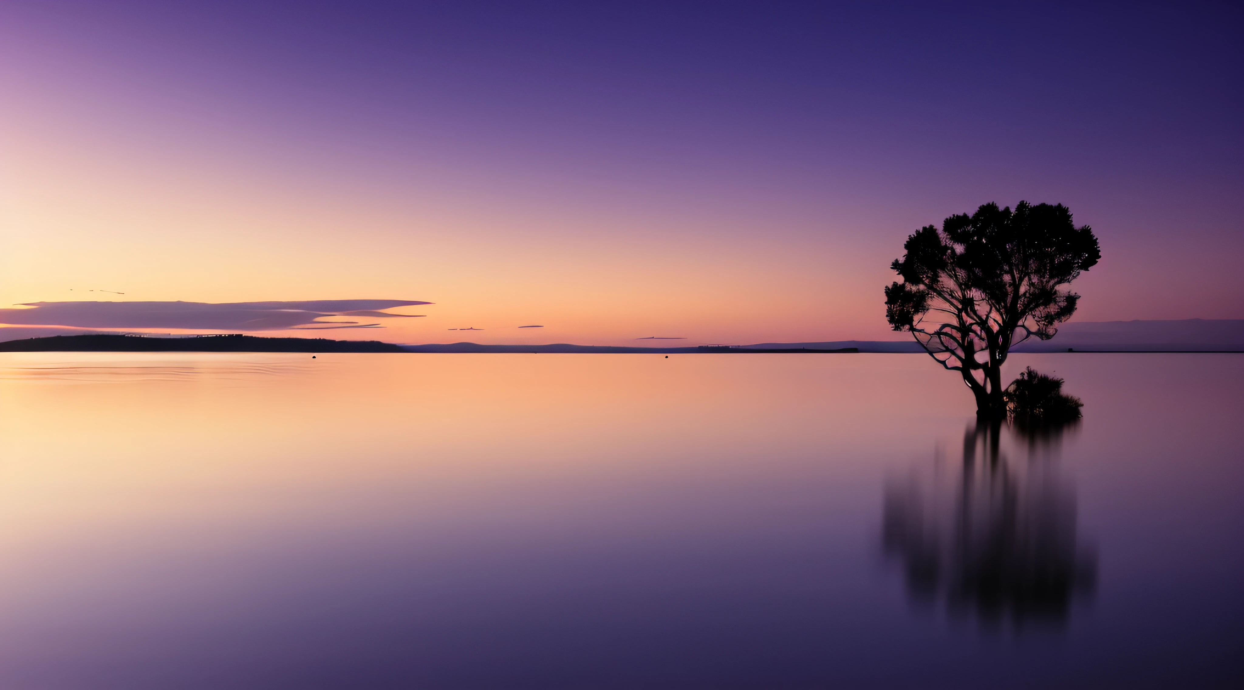 Arafed tree in the middle of a lake at sunset, many clouds in the sky, calmoidade, paisagem serena, calm water, calmoidade, noite calma, Purple sunset, calmo, reflexos suaves, reflective lavender ocean water, Tranquilo e sereno, brilho roxo suave, the tree is on top of a calm sea, calmo e sereno, violet and yellow sunset, perfectly calm waters , (16k), muitas nuvens