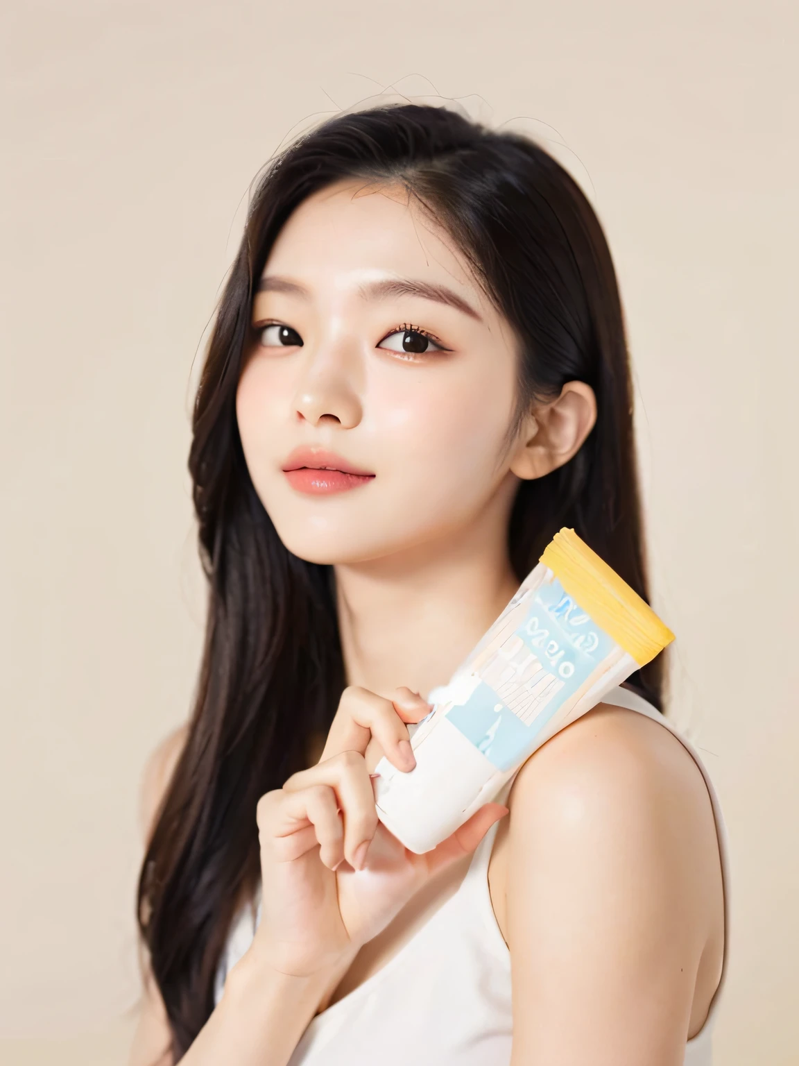 Korean woman holding a tube of sunscreen in her hand, photoshoot for skincare brand, Clean face and body skin, with lemon skin texture, it has lemon skin texture, Milky white skin, xintong chen, wan adorable korean face, Popular Korean makeup, Official product image,8K