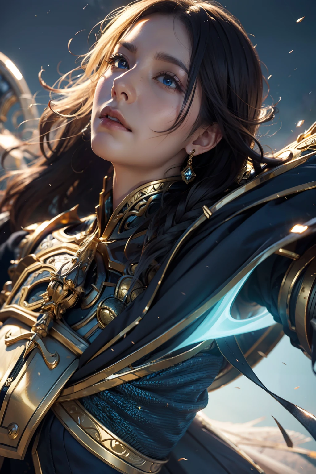 8K,ultra-detailliert, masutepiece, Best Quality, (Extremely detailed), Dynamic Angle, mysterious expression, Wind-effect, Fantasy background, Rim lighting, ciinematic light, 超A high resolution, 8K UHD, Film grain,better shadows, tender, raw, light Particle, Detailed skin texture, detailed armor texture, Detailed face, Intricate details, ultra-detailliert, Bright, Strong, golden armour, (Holding hammer), Slashing, Smashing Actions, pauldrons, glowing yellow eyes, Long cape, Fantasy, (Realistic), Shoulder Armor, with an intricate, Convoluted, Perfect litthing, Look at viewers, Cinematic lighting, Flying in the sky,Flying, Holy Light, with a vibrant, Bangs, Windy, Paladin