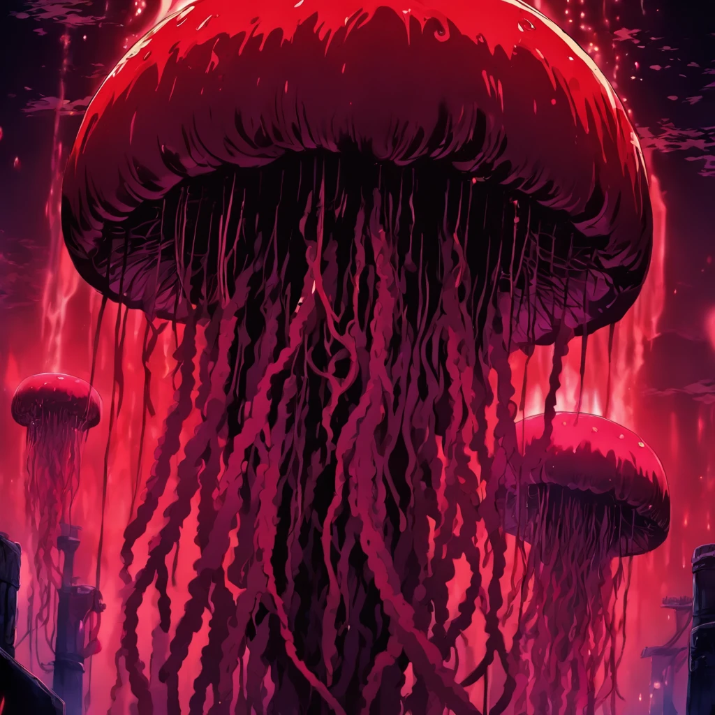 Hangman's blood Jellyfish, dark dark red merging into blood red, tendrils dripping crimson, nightmare fuel, masterpiece, best quality