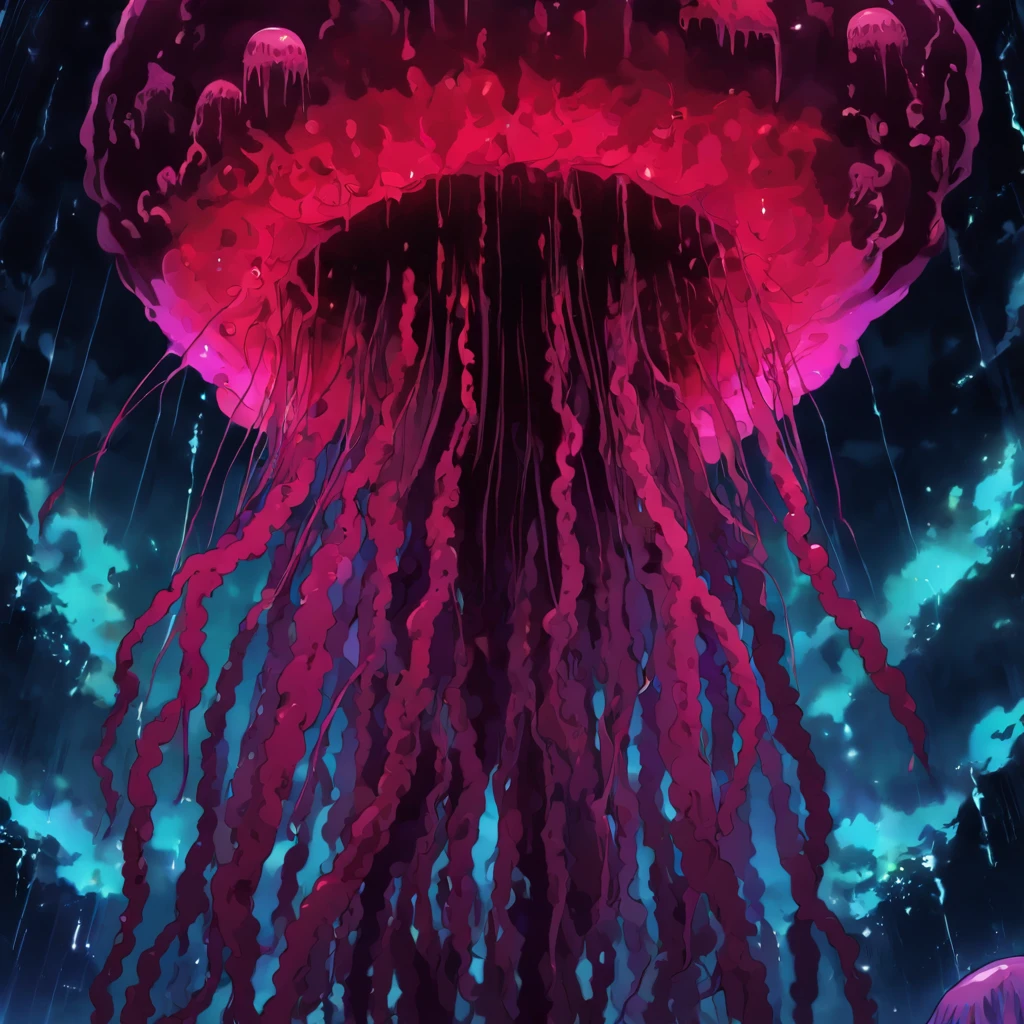 Hangman's blood Jellyfish, dark dark red merging into blood red, tendrils dripping crimson, nightmare fuel, masterpiece, best quality