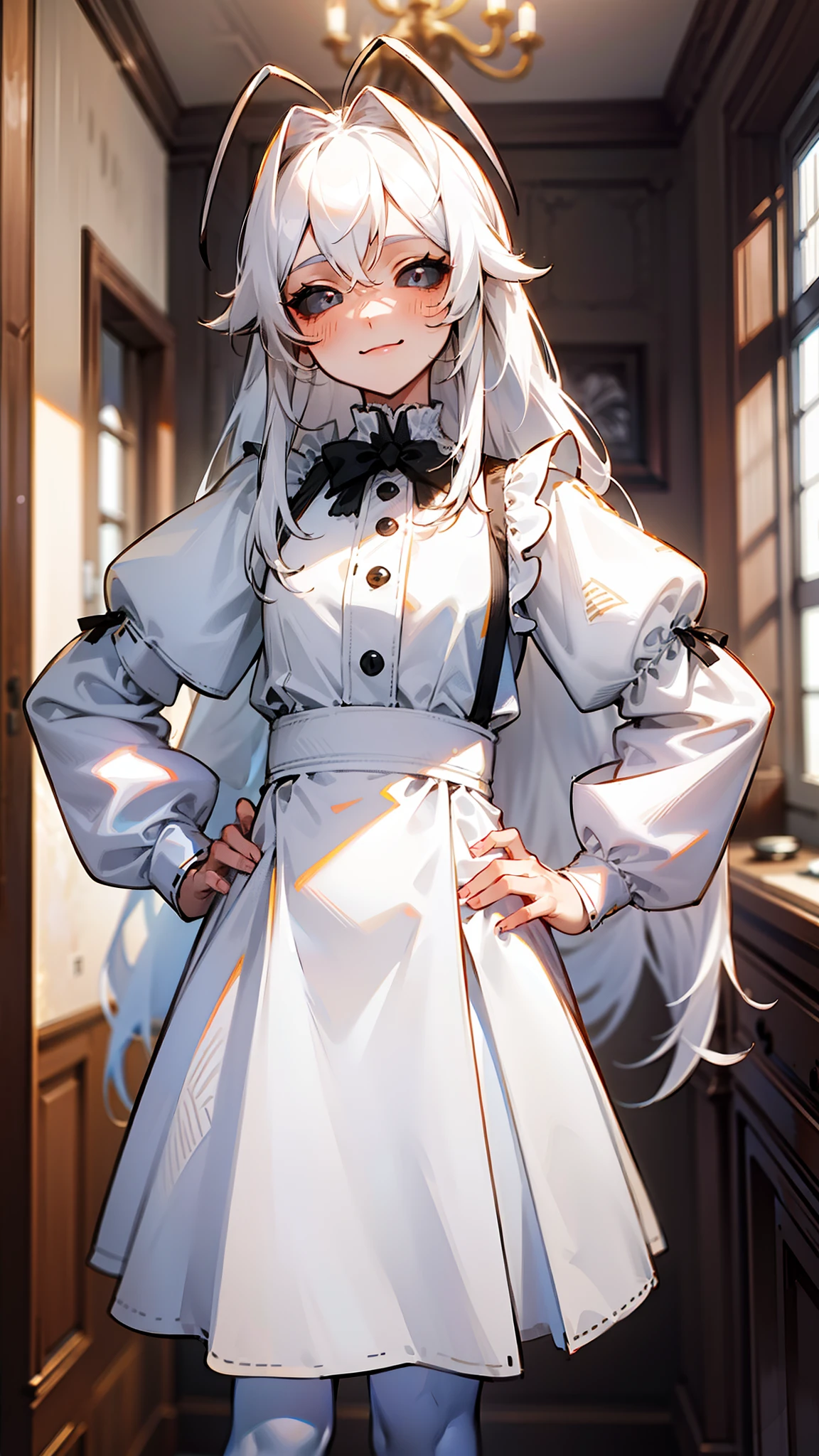 (Original Character,8k, Masterpiece, Best Quality,Detailed, Beautiful Detailed Eyes, solo,masterpiece,hd,4k),mature female,small, fine skin,blush,black eyes,black sclera,white hair,long hair,white pantyhose,(((hair 2antennas large))),white maid outfit,standing in room in house, hands on hips, happy face,smile