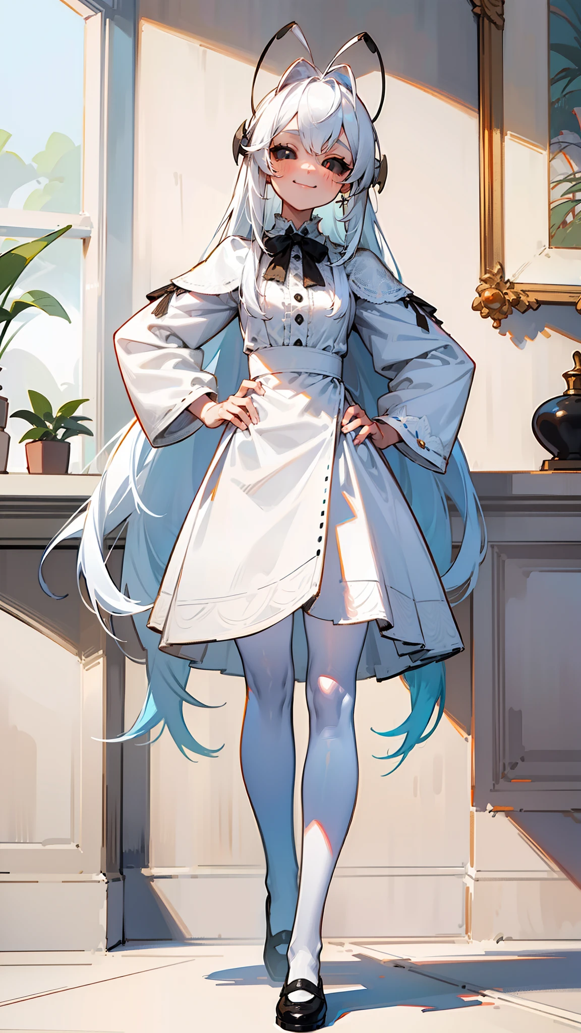 (Original Character,8k, Masterpiece, Best Quality,Detailed, Beautiful Detailed Eyes, solo,masterpiece,hd,4k),mature female,small, fine skin,blush,black eyes,black sclera,white hair,long hair,white pantyhose,(((hair 2antennas large))),white maid outfit,standing in room in house, hands on hips, happy face,smile
