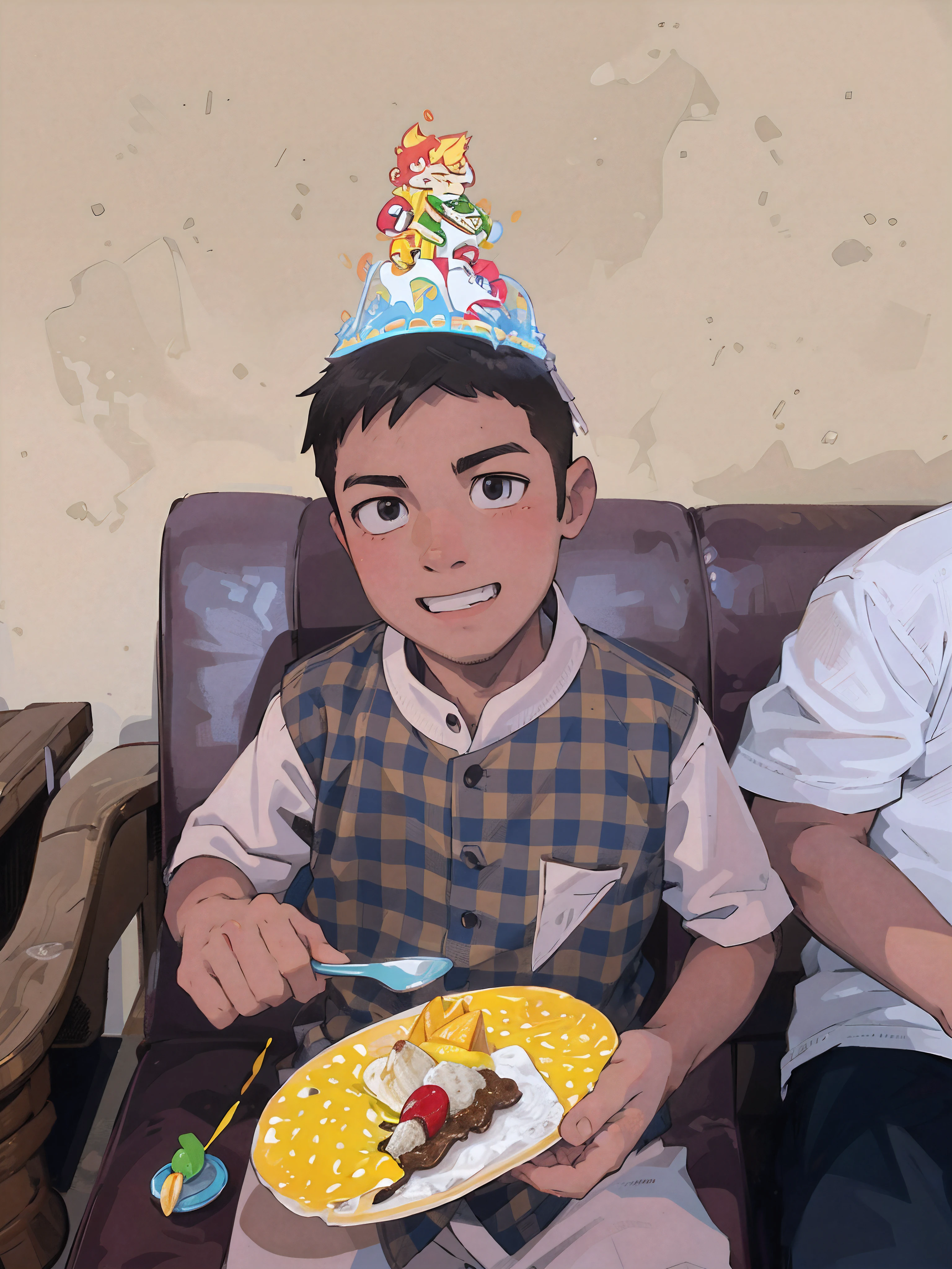 (best-quality:0.8), (best-quality:0.8), perfect anime illustration, extreme closeup portrait of a boy background in restaurant