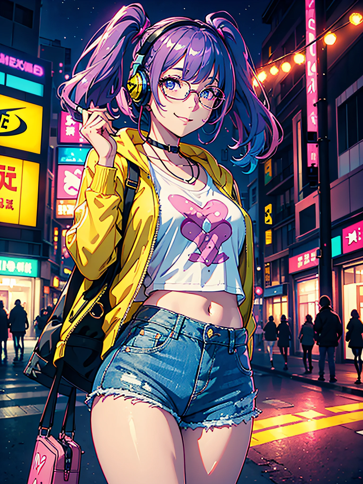 Girl with a beautiful face, bright light eyes, violet eyelashes, smiling, with a lollipop in her mouth, violet hair and pink highlights, modern glasses, music headphones around her neck, open light yellow jacket, short denim shorts, yellow Nike sneakers, cute pose, in downtown shibuya, neon lights, starry sky, (ultra-realistic), {extremely detailed 8k CG unit wallpaper}, expansive landscape photography, (a view from below that prioritizes the character and the scenery behind, wide view wide field), (low angle shot), (high light: 1.7), (low light: 1.0), (warm light source: 1.0), complex details, (iridescent colors: 1.5), (bright lighting), (atmospheric lighting), dreamy, modern, happyness
