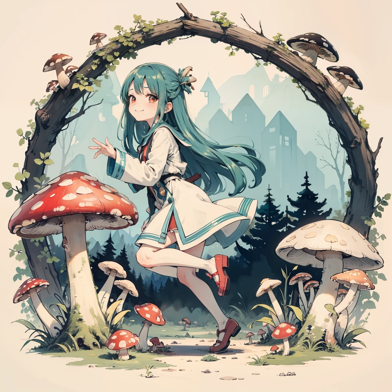 1girll, Long aqua green hair, Red eyes, dress, (Solo:1.3),Simple drawing, Mushrooms and girls, Cute, Big smile, Mushrooms + Mushrooms + Mushrooms + Mushrooms + Mushrooms,Red mushrooms,Cyan mushrooms,White mushrooms, Mushrooms grow on the body,From the side Side,Dancing,Watercolor illustration, Perfect anatomy, Masterpiece, Best quality, 1girll, Loli,,Nature, landscape