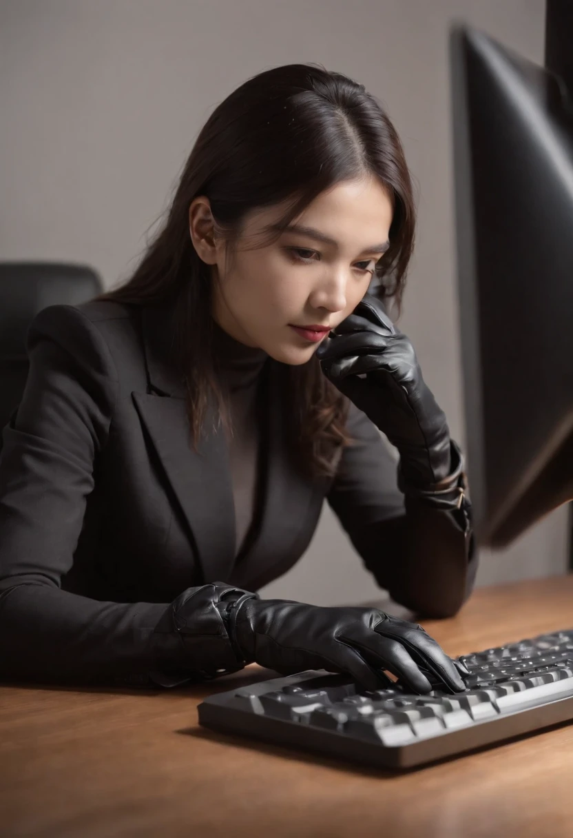 Wearing black leather gloves on both hands, Upper body, Black business suit, Facing the desk in my room with a computer in the dark, Tapping the keys on the computer keyboard with the fingertips of black leather gloves while looking at the screen, Black hair was tied back for a long time, Japan female new employees (Black leather gloves cover both hands) (The angle is in front)