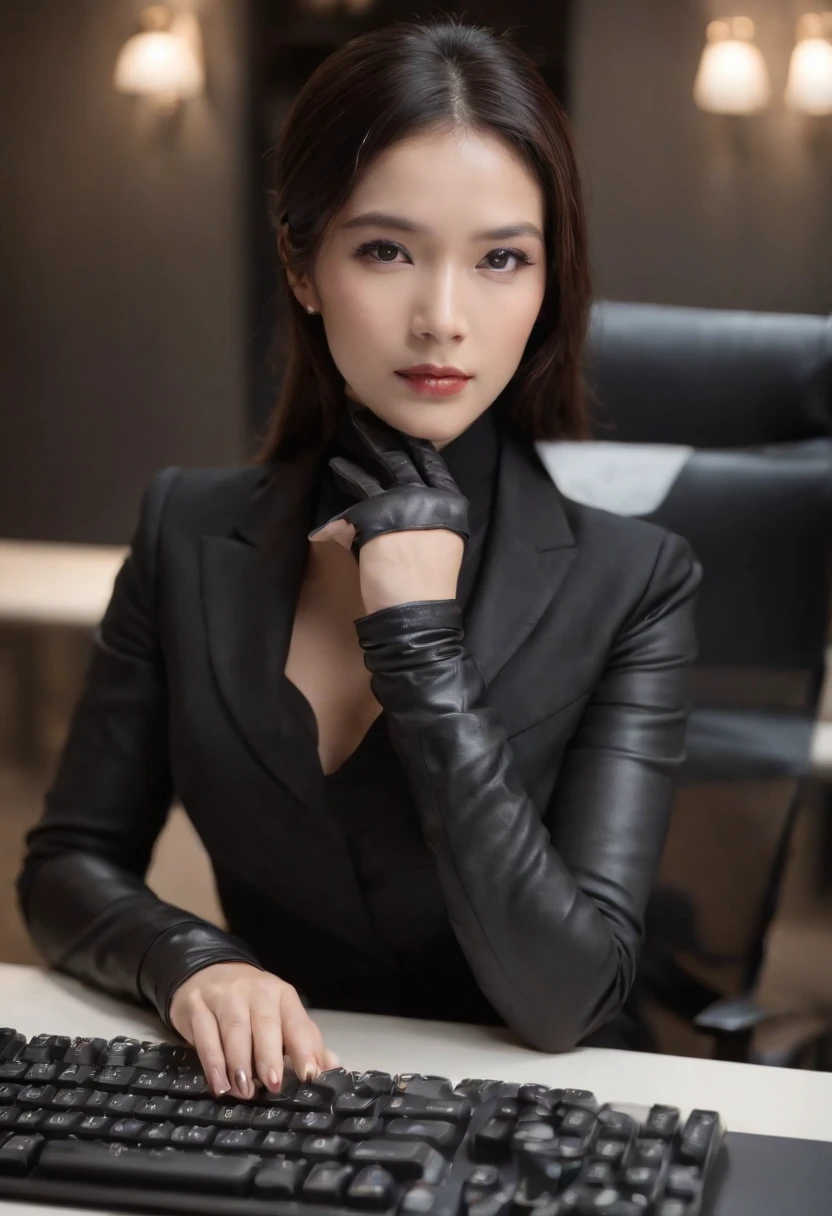 Wearing black leather gloves on both hands, Upper body, Black business suit, Facing the desk in my room with a computer in the dark, Tapping the keys on the computer keyboard with the fingertips of black leather gloves while looking at the screen, Black hair was tied back for a long time, Japan female new employees (Black leather gloves cover both hands) (The angle is in front)