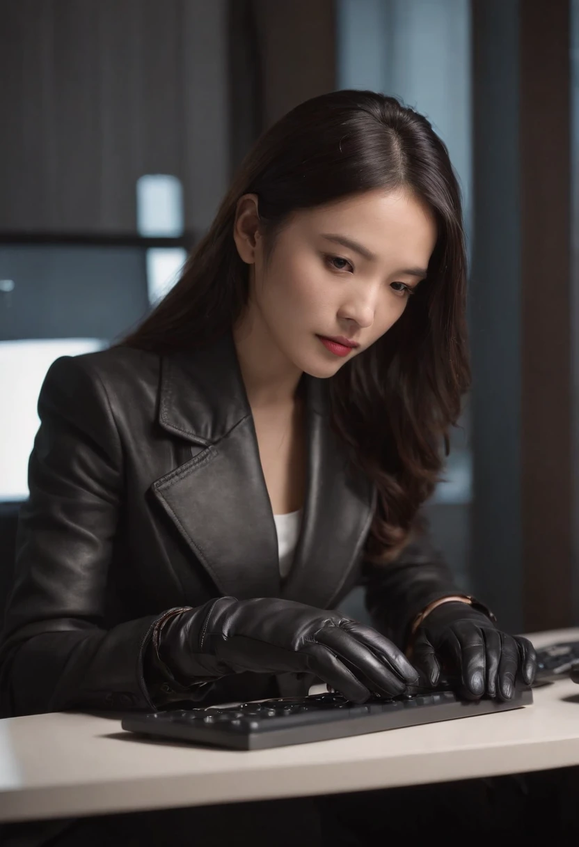 Wearing black leather gloves on both hands, Upper body, Black business suit, Facing the desk in my room with a computer in the dark, Tapping the keys on the computer keyboard with the fingertips of black leather gloves while looking at the screen, Black hair was tied back for a long time, Japan female new employees (Black leather gloves cover both hands) (The angle is in front)