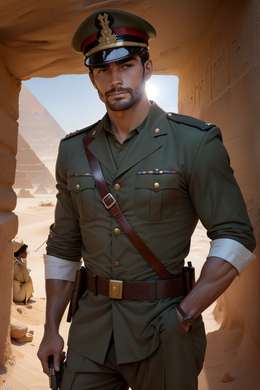 ((SFW))Arte estilo john Buscema,Um close up de Rick O"Connell, Legionnaire of the Foreign Legion, wearing the military uniform of the French Foreign Legion, Coming out of the tomb of an Egyptian mummy,segurando uma pistola, no deserto escaldante da Egito dos anos 20,corpo inteiro,, cena detalhada, cena perfeita, pingos de suor.((SFW))