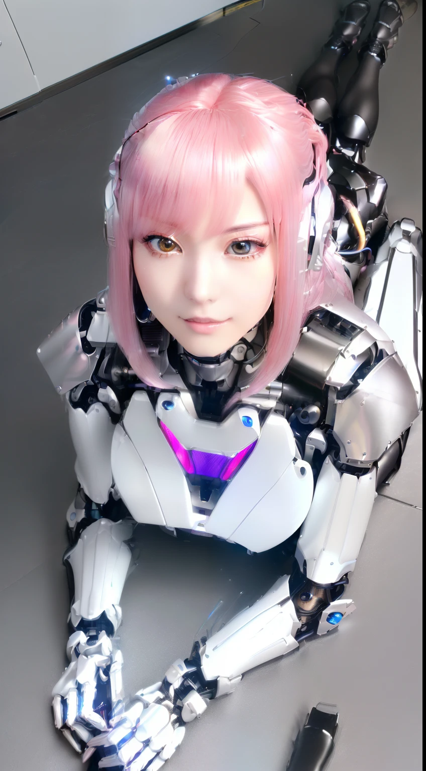 ((masutepiece)), ((top-quality), high quarity、ultra-definition, Realistic, (Ultra-fine face)、fulcolor 、One beautiful robot police woman、(Mechanical joints:1.1)、Parts of the machine、Thick wire joints、White porcelain mechanical armor、(Curvaceous face)、deadpan、pink straight hair、((Electronic substrate))、Lie face down on the floor, From above