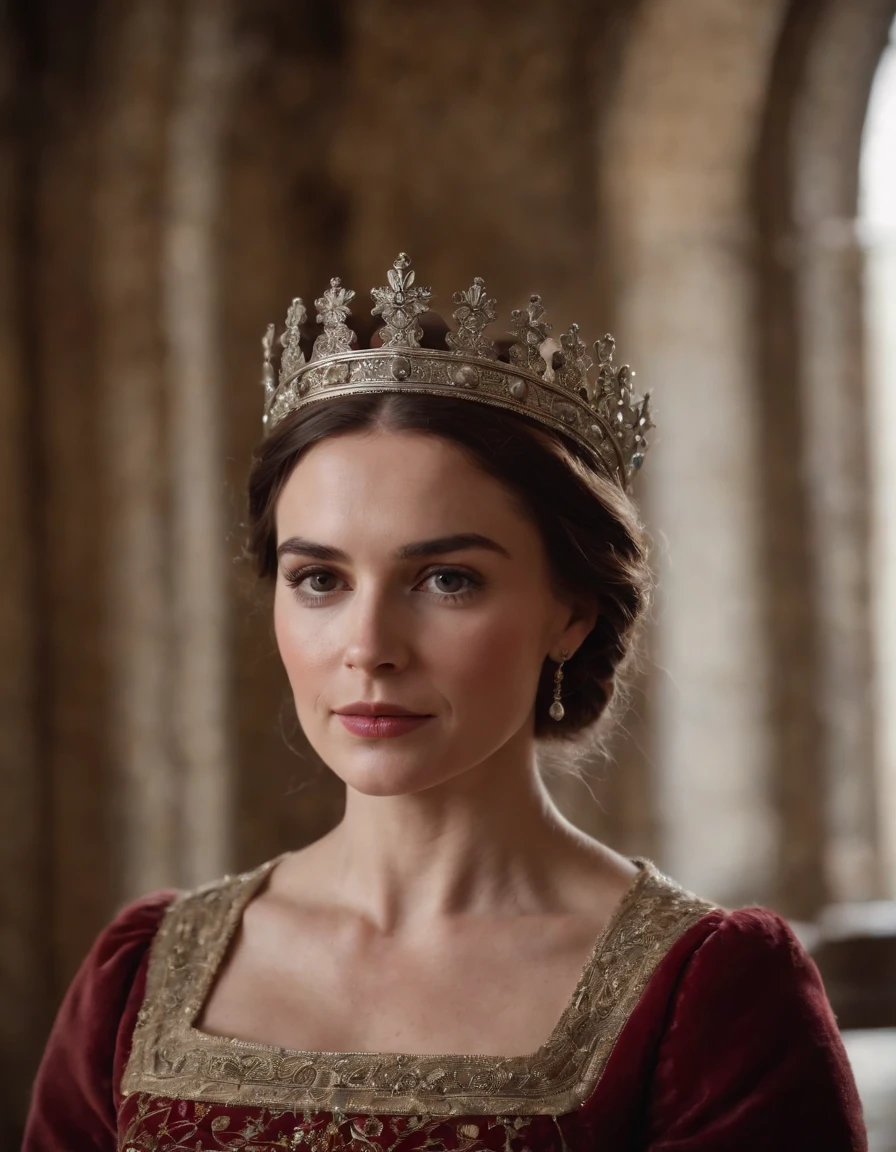 Gorgeous queen of England, medieval age, indoor castle.