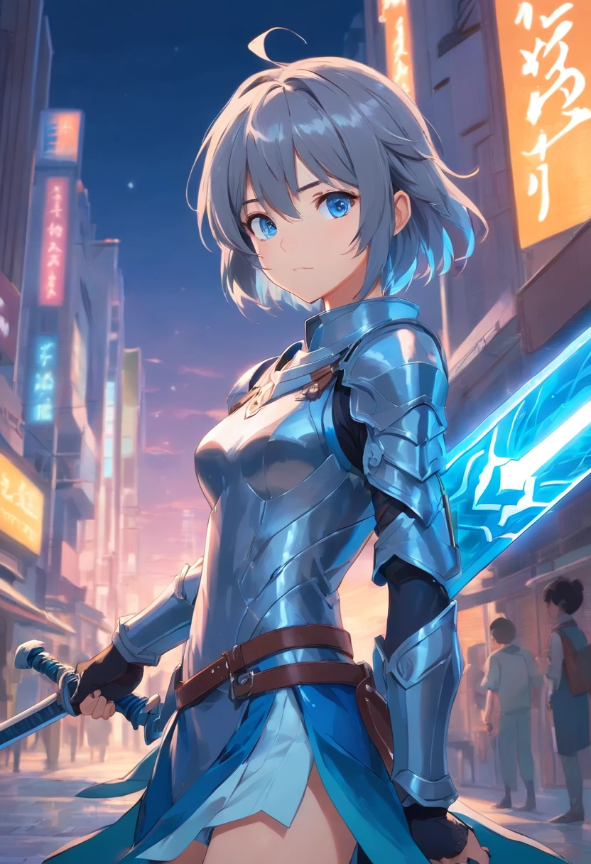 A gray-haired girl in armor、With blue-colored eyes with blue-colored eyes、He holds a long sword with sleepy eyes and an emotionless expression、Full body like、tights、high-heels、Standing facing the front