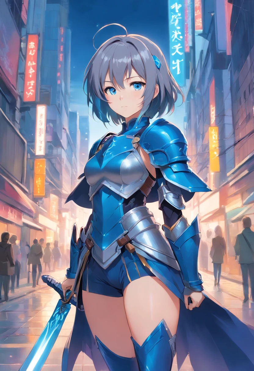 A gray-haired girl in armor、With blue-colored eyes with blue-colored eyes、He holds a long sword with sleepy eyes and an emotionless expression、Full body like、tights、high-heels、Standing facing the front