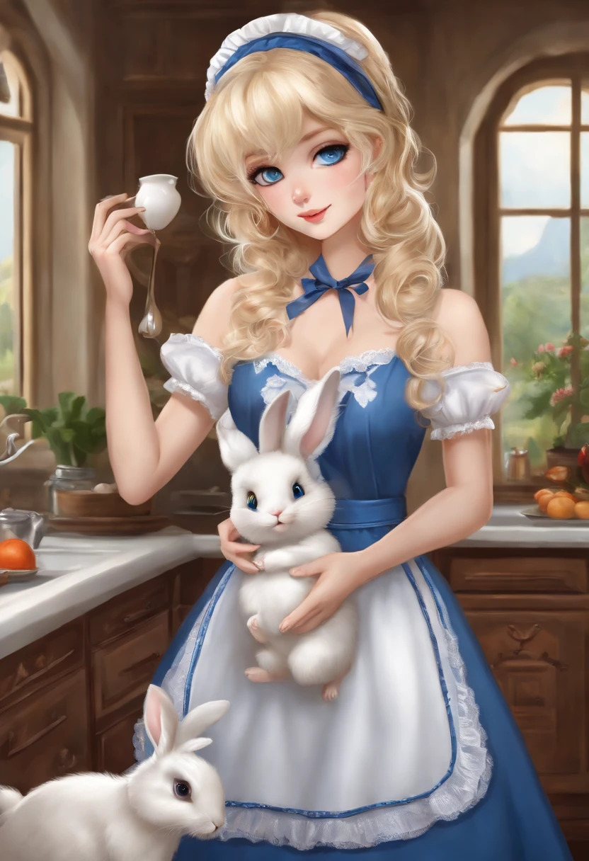 masterpiece, Highest quality, Portraiture, One Girl, (Alice in Wonderland:1.2), Blue clothes, White apron, Blonde, blue eyes, Usagi, Trump, Tea cup, White lace thigh high socks, Miniskirt lift, Dynamic pose,Retro