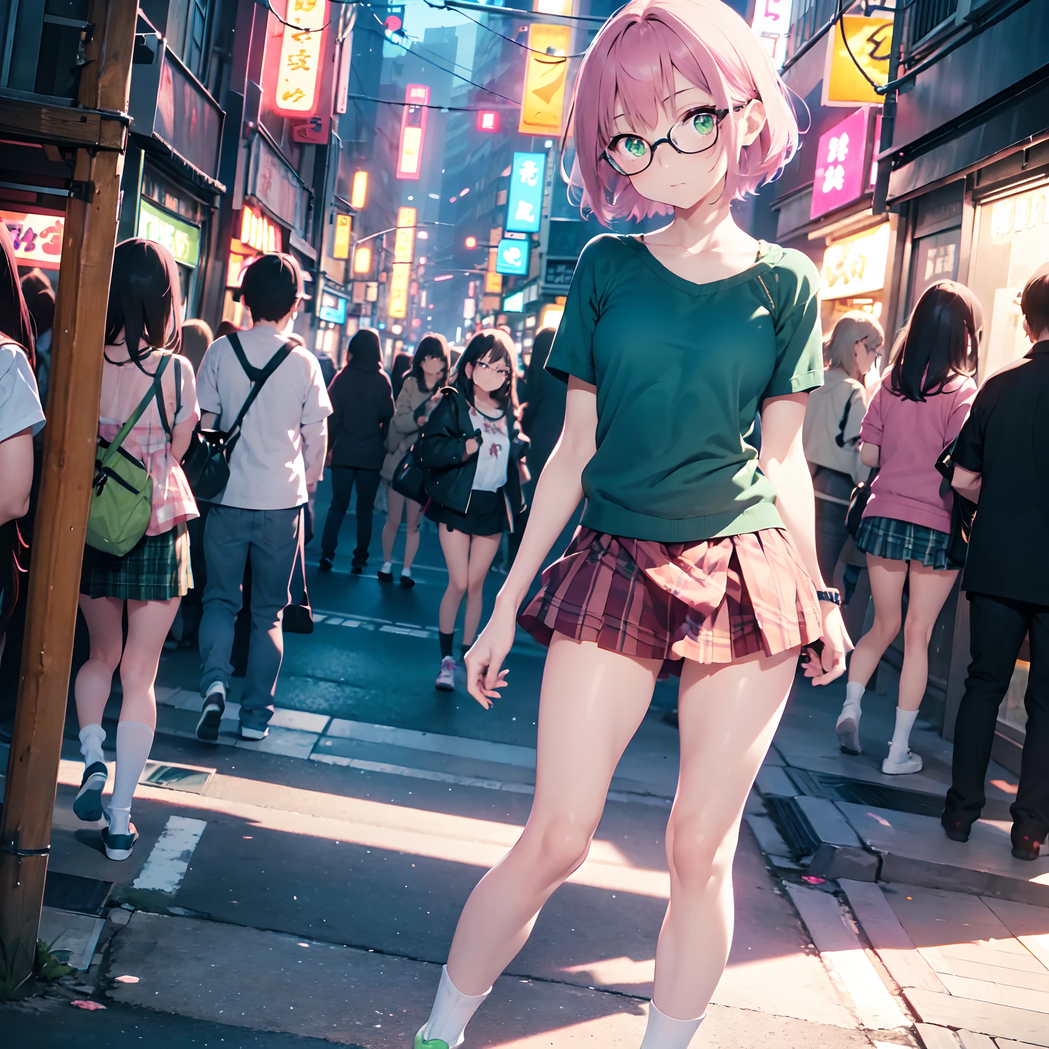 girl, 18 years old, super thin, ((skinny)), ((tiny breasts)), ((flat breasts)), ((flat bust)), ((tiny waist)), ((thin hips)), ( (very skinny legs)), ((separated thighs)), ((short pink hair)), ((green eyes)), ((thin face)), ((glasses)), nerd, ((short plaid dress) ), ((white fishnet socks)), white sneakers, ((full body)), walking down the street, Tokyo street, ((night)), ((neon lights)), e-girl