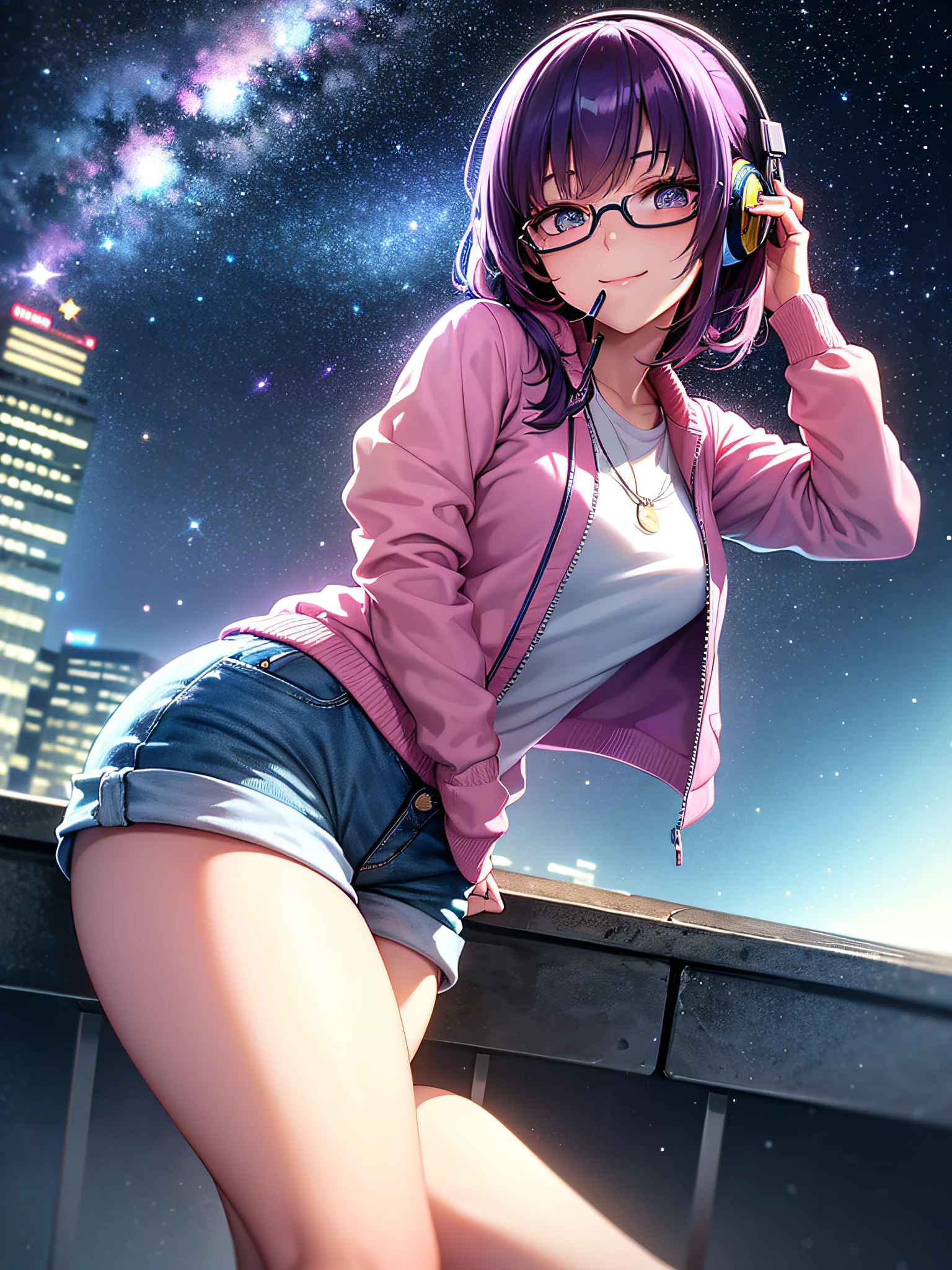Girl with a beautiful face, bright light eyes, violet eyelashes, smiling, with a lollipop in her mouth, violet hair and pink highlights, modern glasses, music headphones around her neck, open light yellow jacket, short denim shorts, yellow Nike sneakers, cute pose, in downtown shibuya, neon lights, starry sky, (ultra-realistic), {extremely detailed 8k CG unit wallpaper}, expansive landscape photography, (a view from below that prioritizes the character and the scenery behind, wide view wide field), (low angle shot), (high light: 1.7), (low light: 1.0), (warm light source: 1.0), complex details, (iridescent colors: 1.5), (bright lighting), (atmospheric lighting), dreamy, modern, happyness