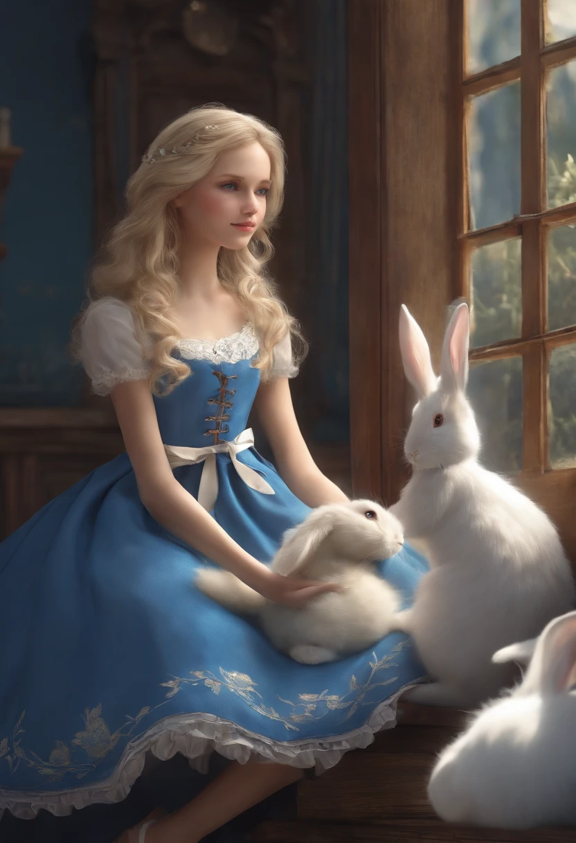Apron layered on blue dress a blond Lost Blue eyes Full of doors White rabbit is next to you CG wind