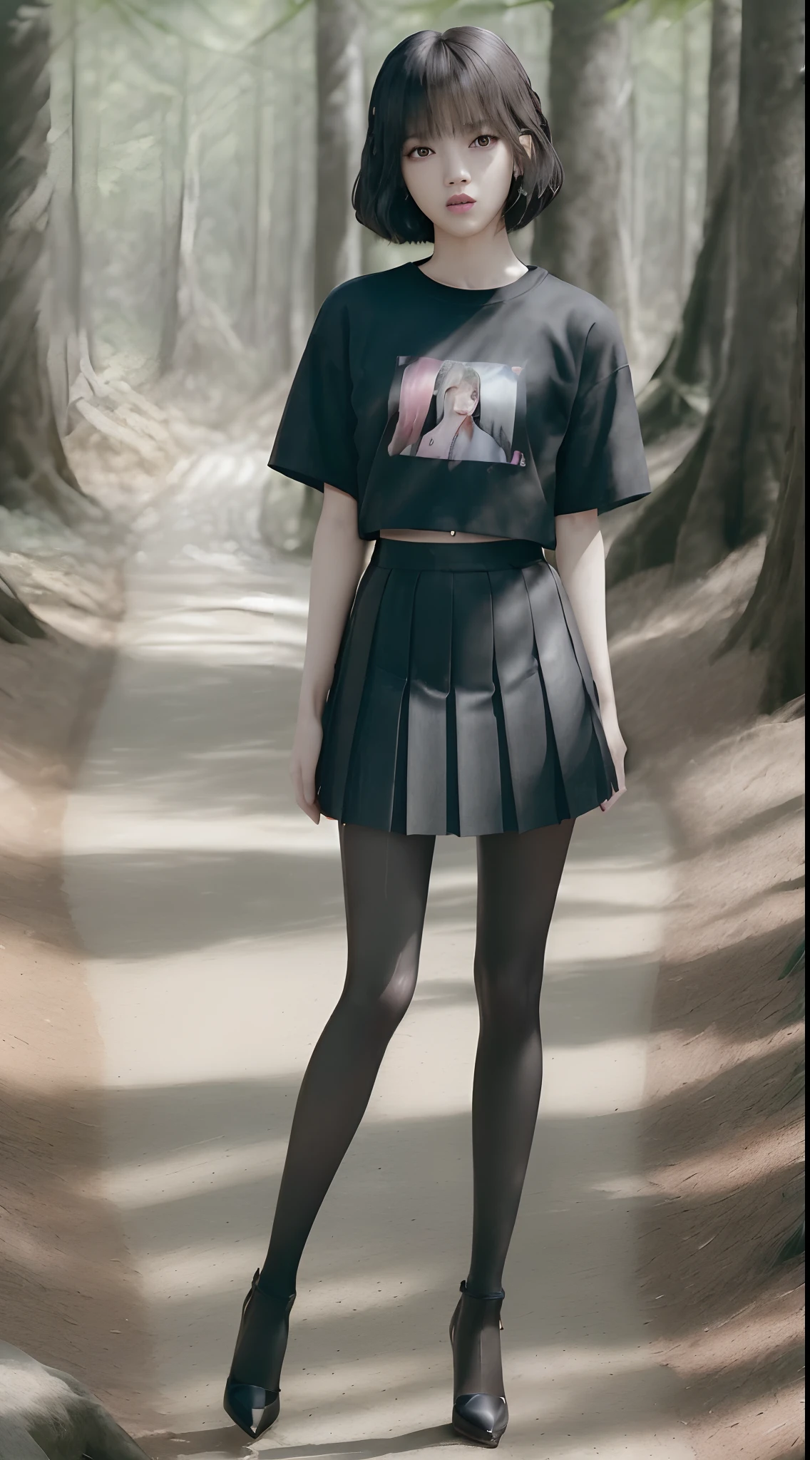 ((Lisa from Blackpink)), t-shirt, tiny pleated skirt, waist-high black tights, high heels, close-up of face, full body shot, very fair skin, short hair, wavy hair, camp, forest, photorealistic , indirect lighting, volumetric light, ray tracing, hyper-detailed, best quality, high resolution, HDR, 8k