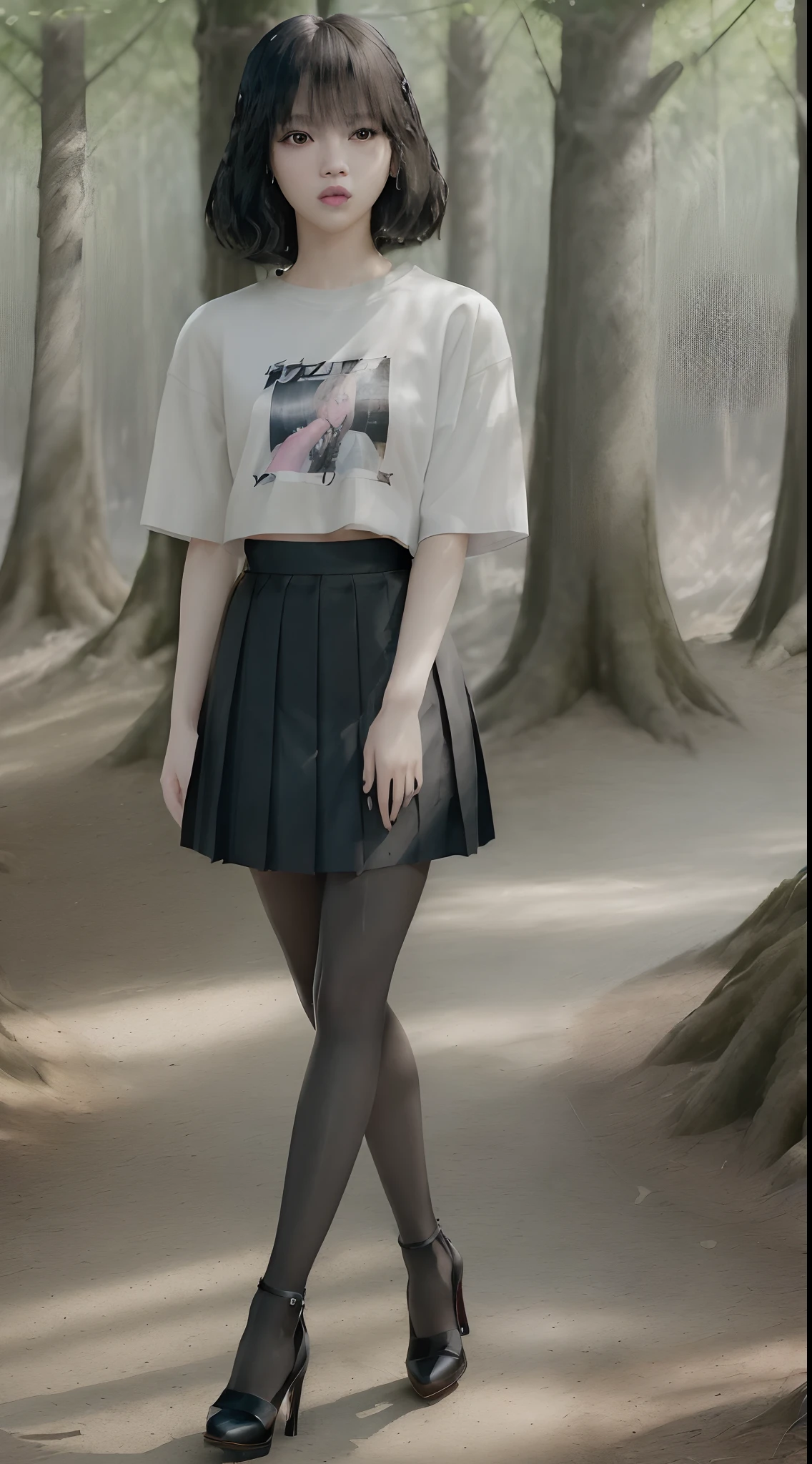 ((Lisa from Blackpink)), t-shirt, tiny pleated skirt, waist-high black tights, high heels, close-up of face, full body shot, very fair skin, short hair, wavy hair, camp, forest, photorealistic , indirect lighting, volumetric light, ray tracing, hyper-detailed, best quality, high resolution, HDR, 8k