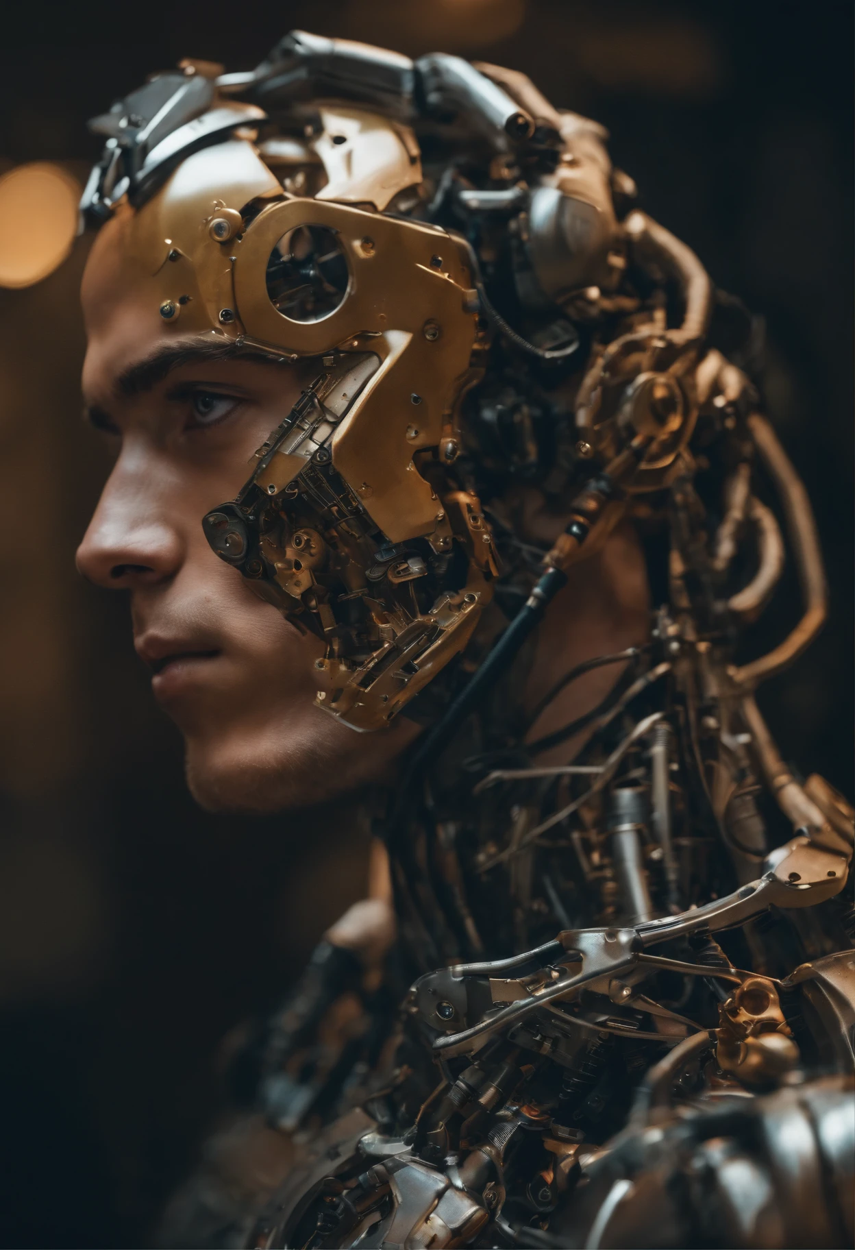 Young man with mechanical arm and structure of an artificial robot on one side of his face