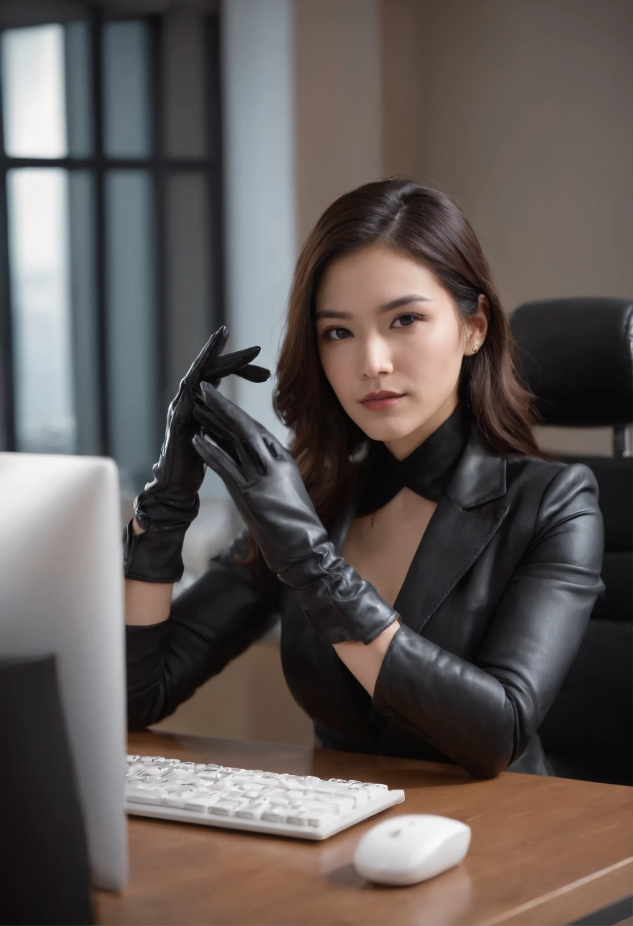 Wearing black leather gloves on both hands, Upper body, Black business suit, Facing the desk in my room with a computer in the dark, Tapping the keys on the computer keyboard with the fingertips of black leather gloves while looking at the screen, Black hair was tied back for a long time, Japan female new employees (Black leather gloves cover both hands) (The angle is in front)