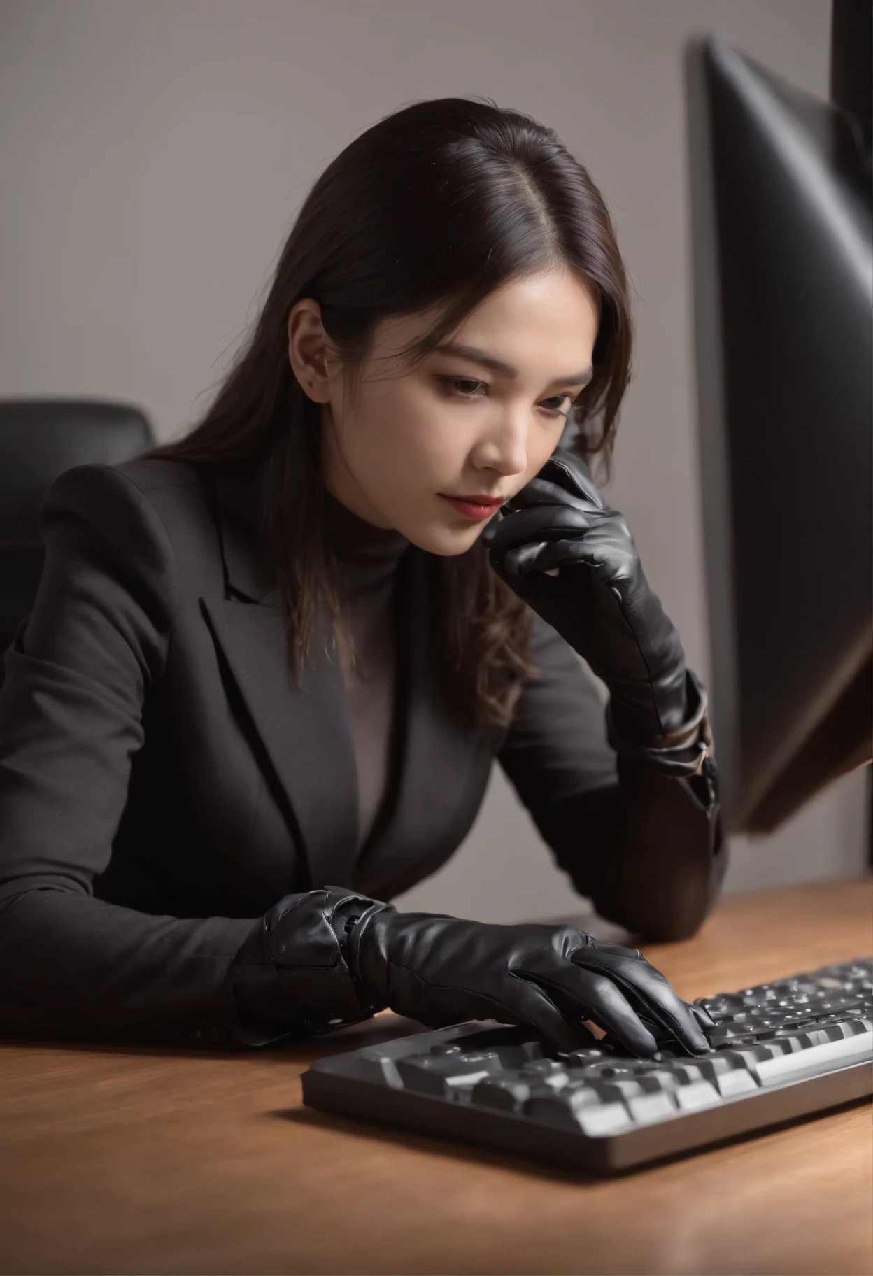 Wearing black leather gloves on both hands, Upper body, Black business suit, Facing the desk in my room with a computer in the dark, Tapping the keys on the computer keyboard with the fingertips of black leather gloves while looking at the screen, Black hair was tied back for a long time, Japan female new employees (Black leather gloves cover both hands) (The angle is in front)